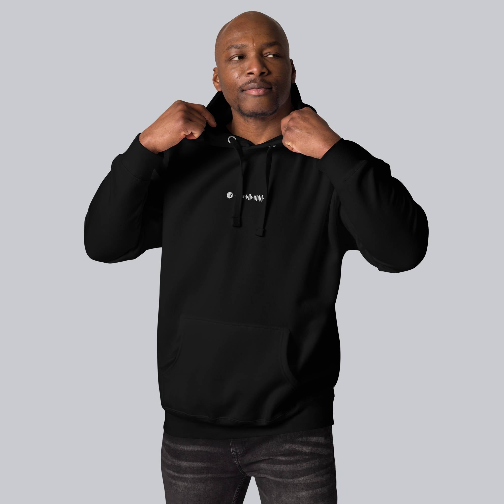Black hoodie with a custom Music Code