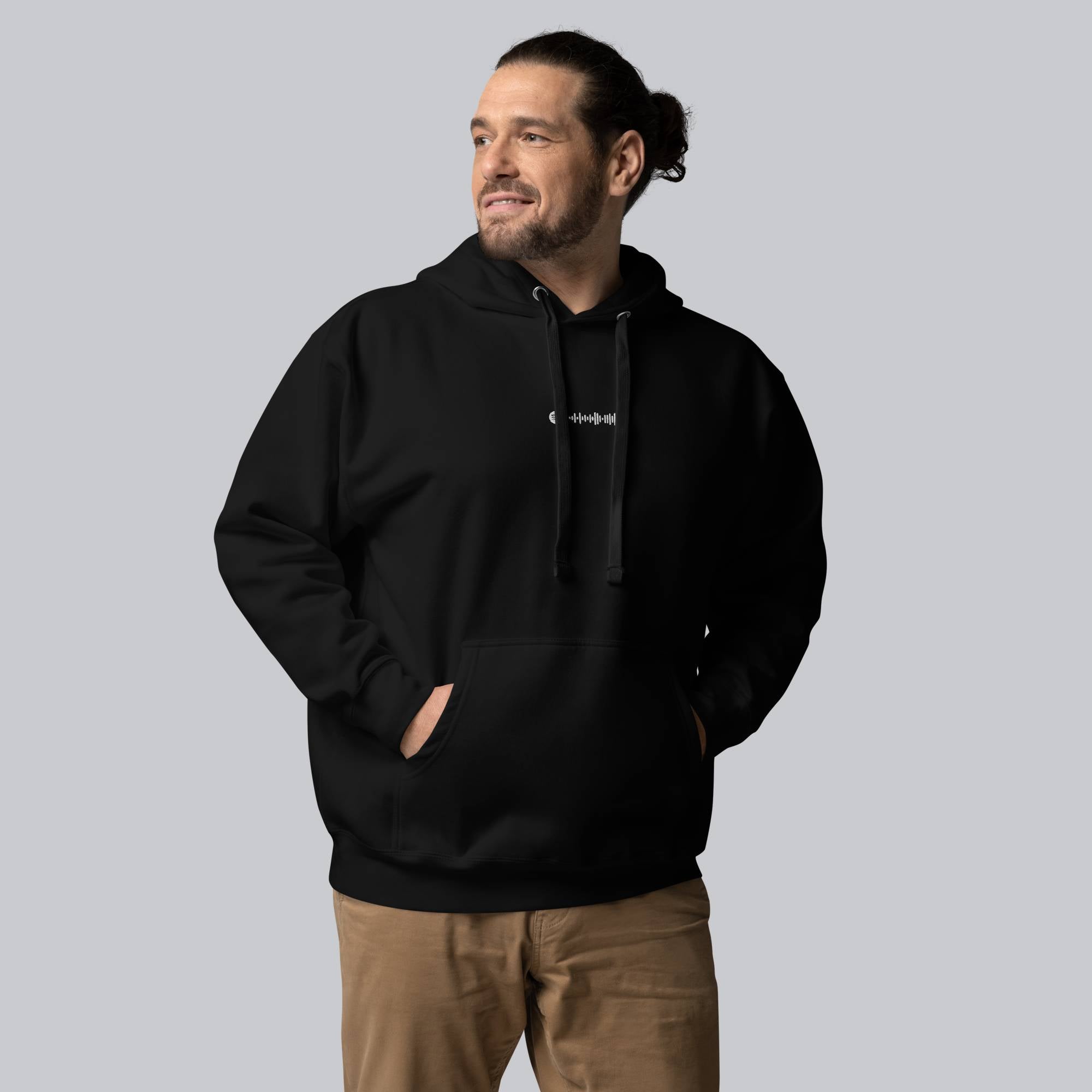Black hoodie with a custom Music Code