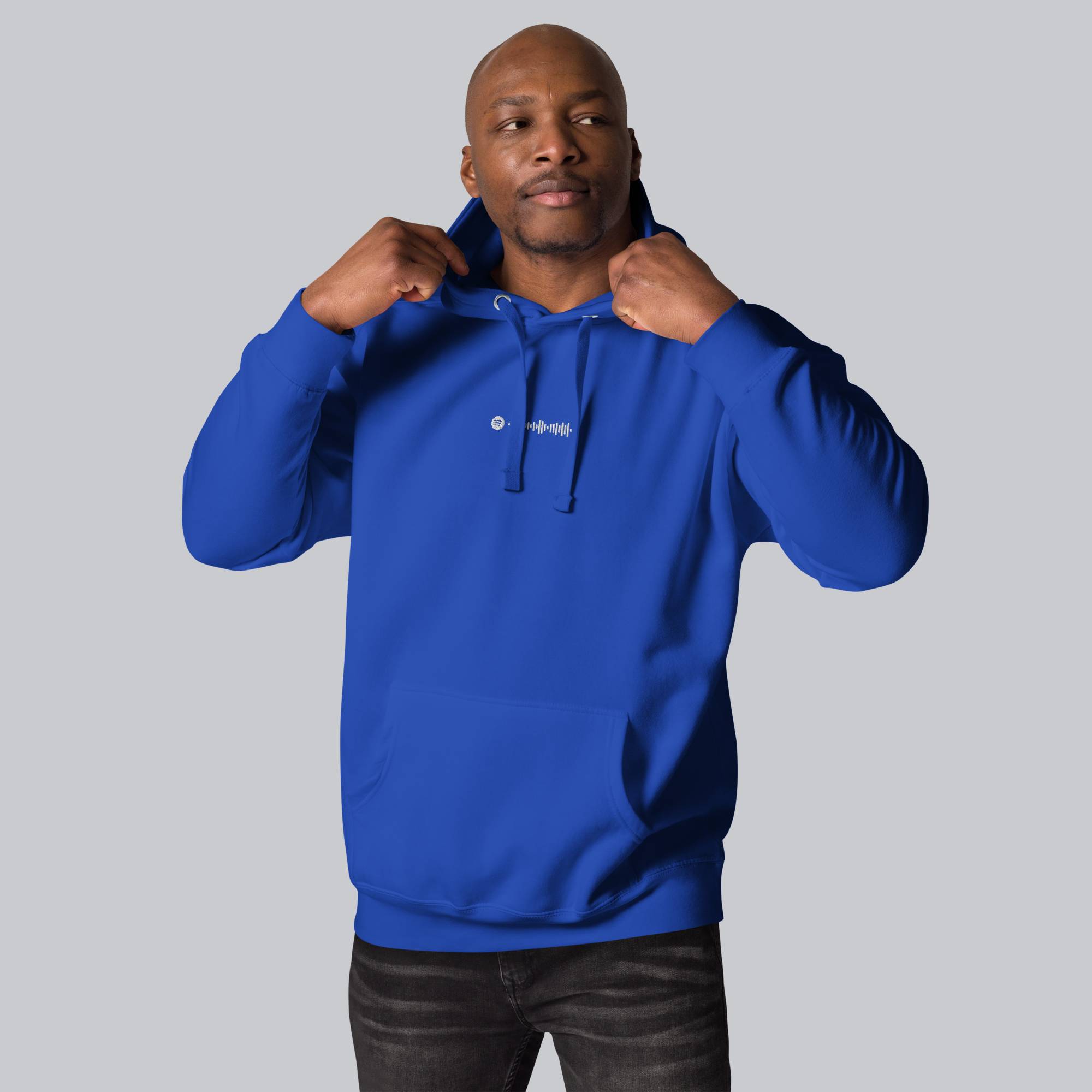 Blue hoodie with a custom Music Code
