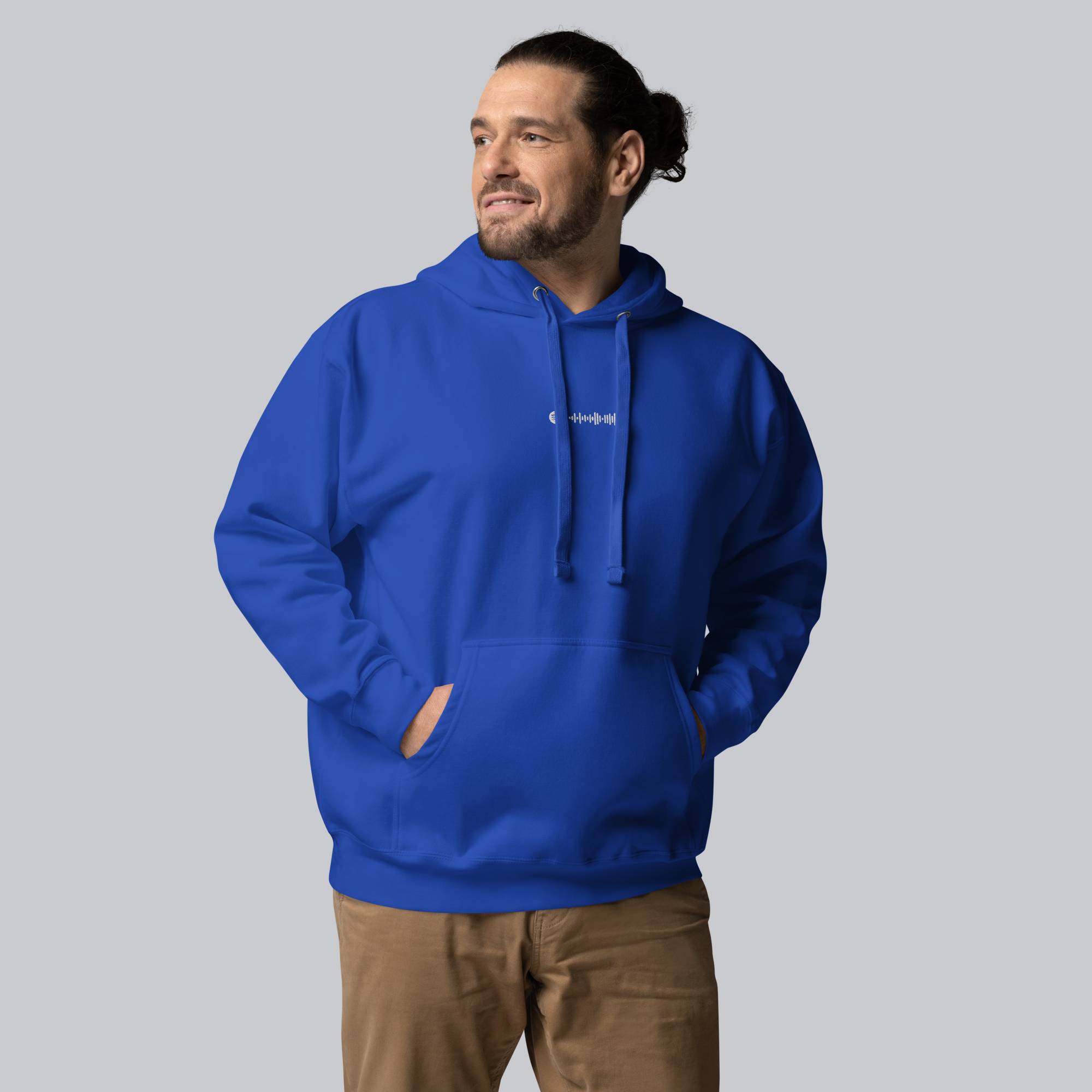 Blue hoodie with a custom Music Code