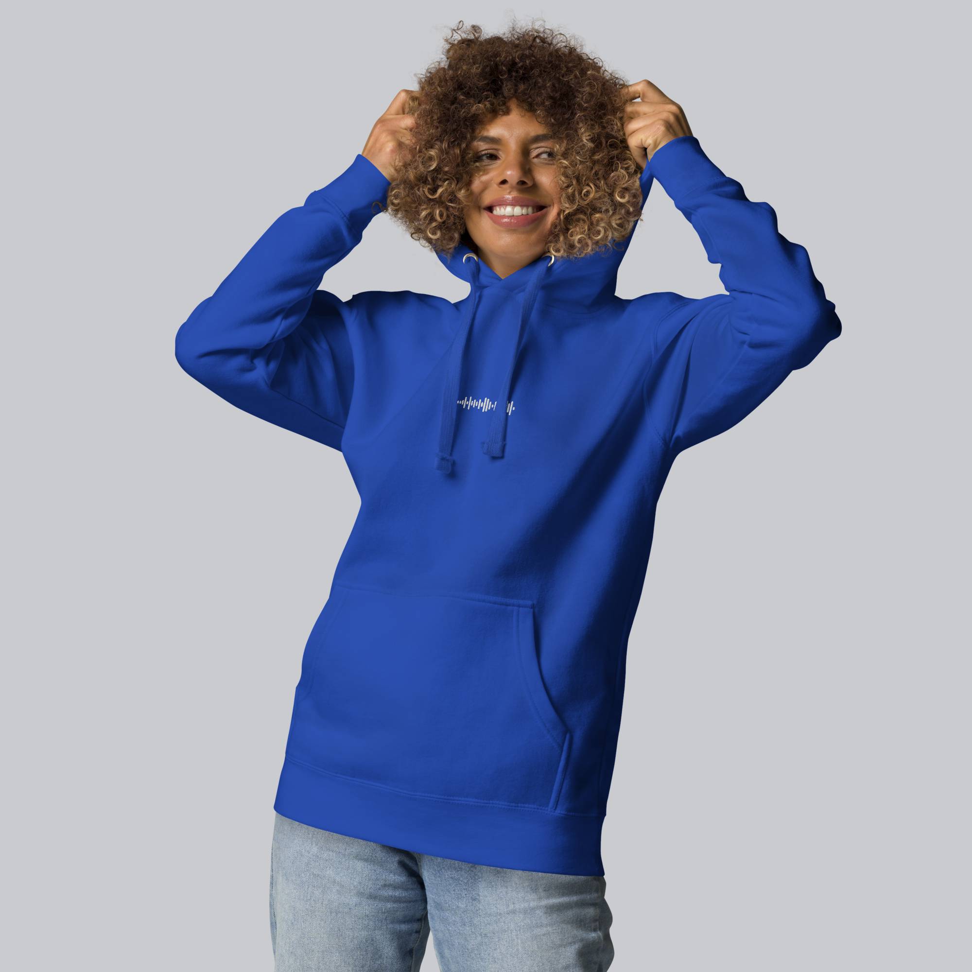 Blue hoodie with a custom Music Code