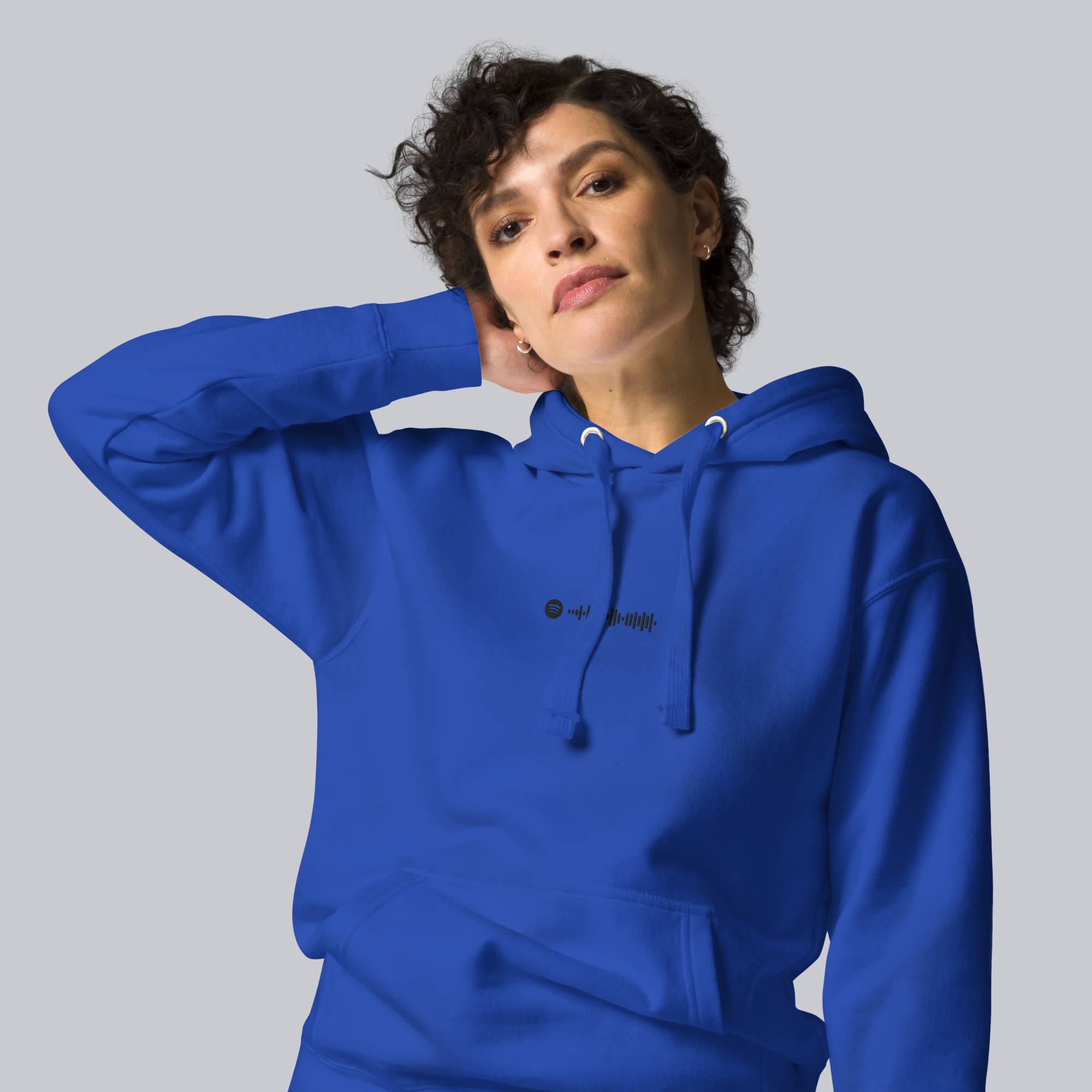 Blue hoodie with a custom Music Code