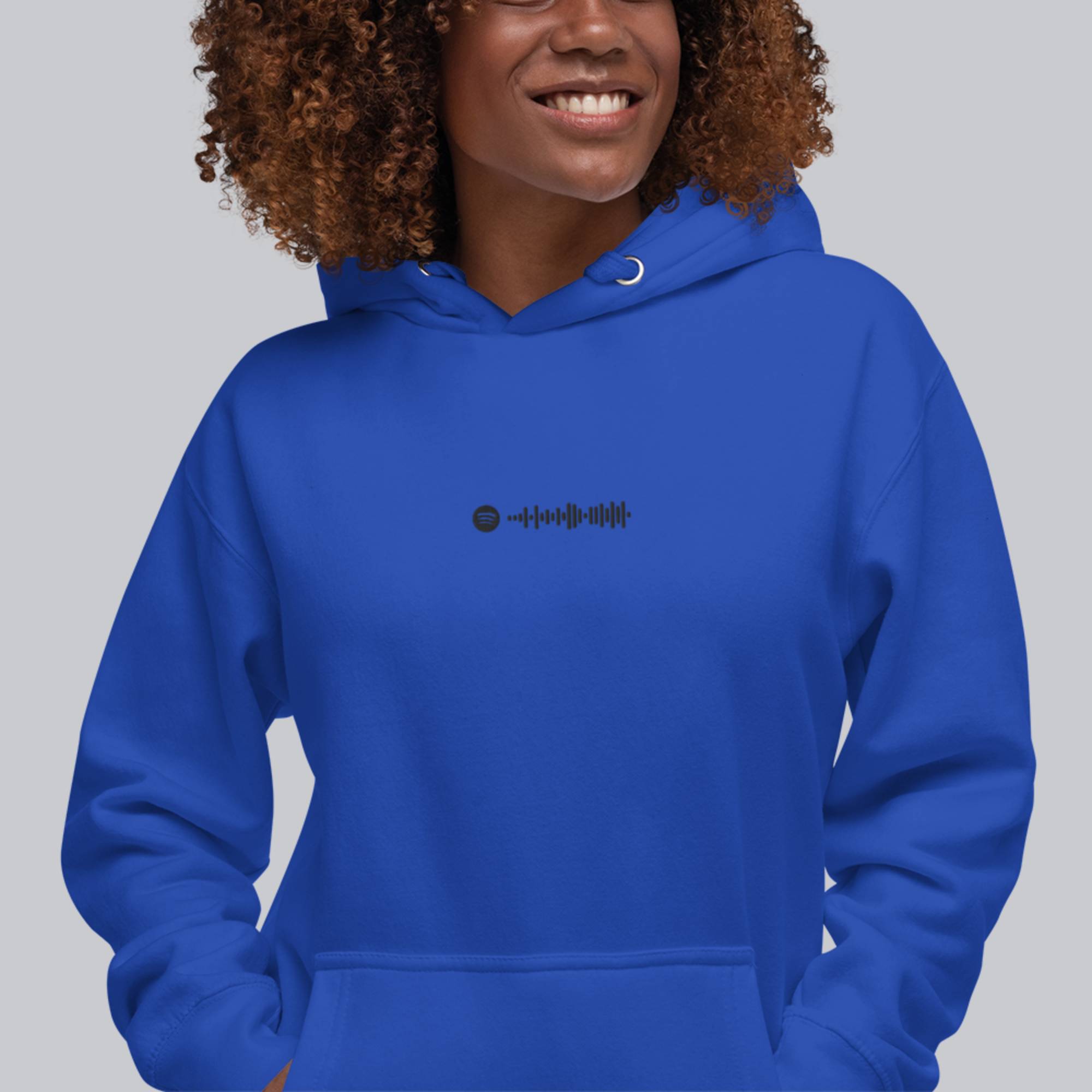 Blue hoodie with a custom Music Code