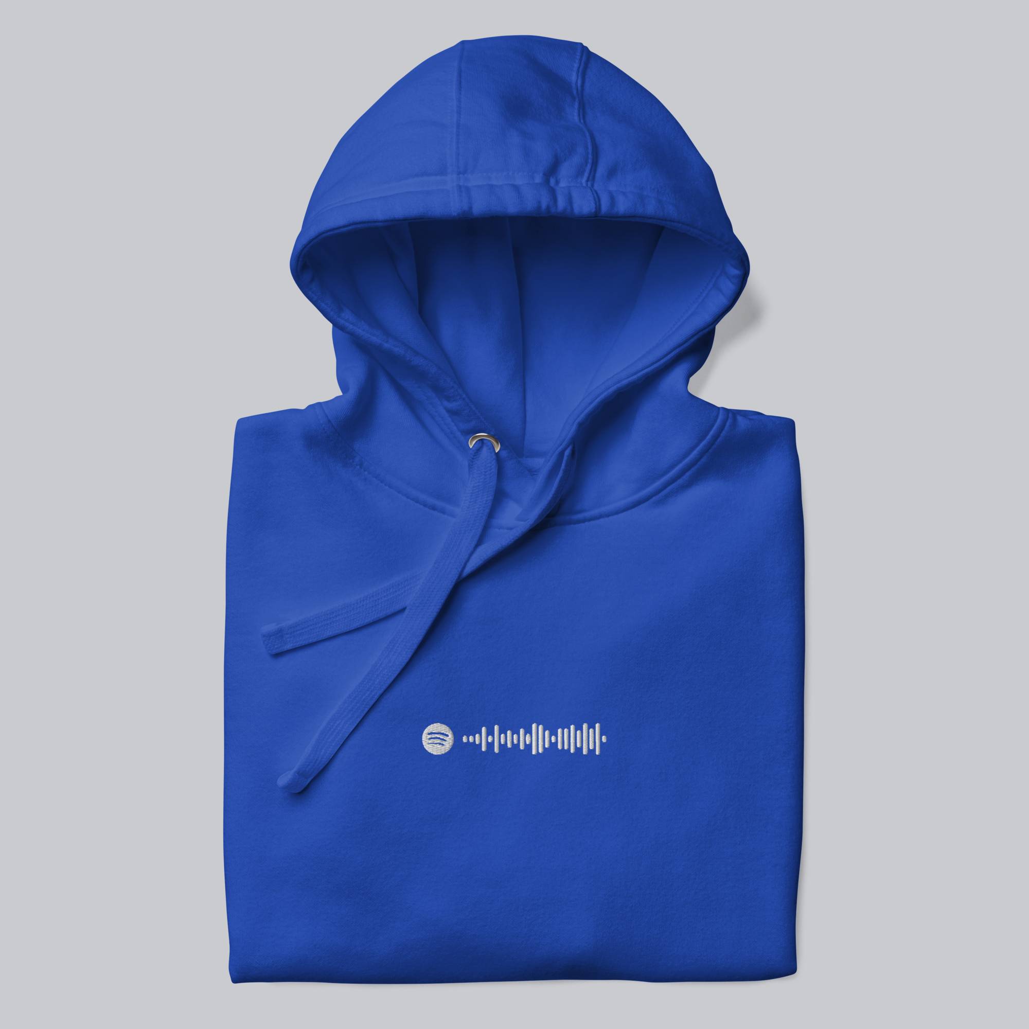 Blue hoodie with a custom Music Code