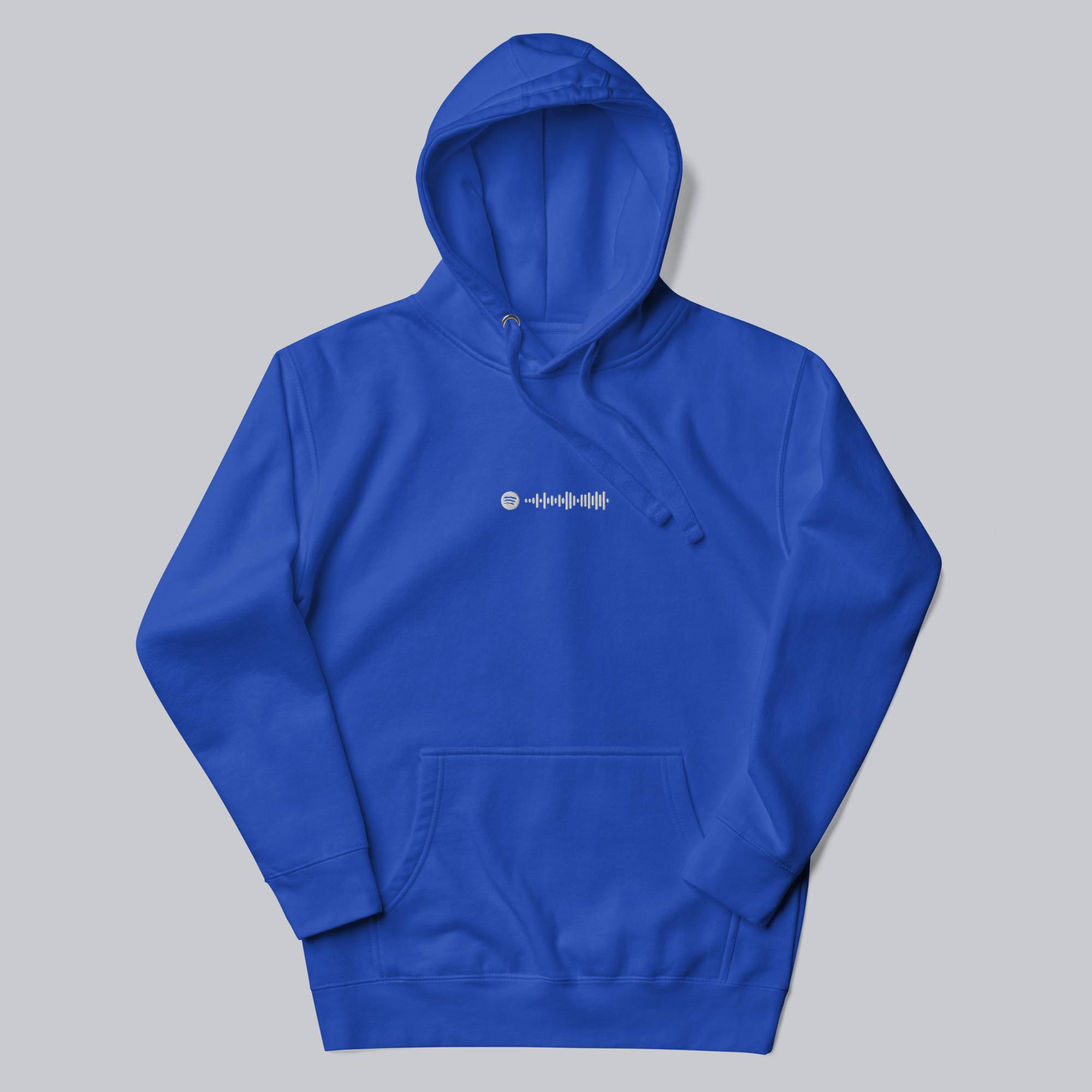 Blue hoodie with a custom Music Code