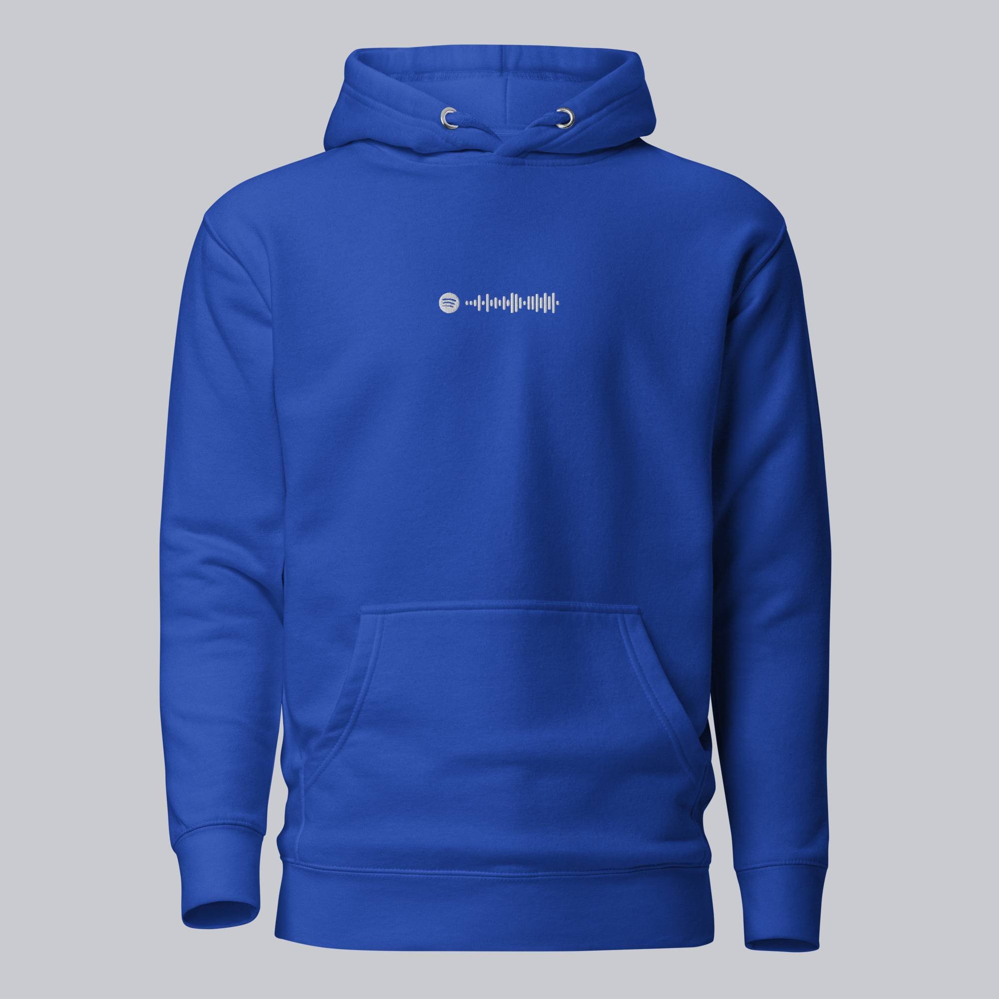 Blue hoodie with a custom Music Code