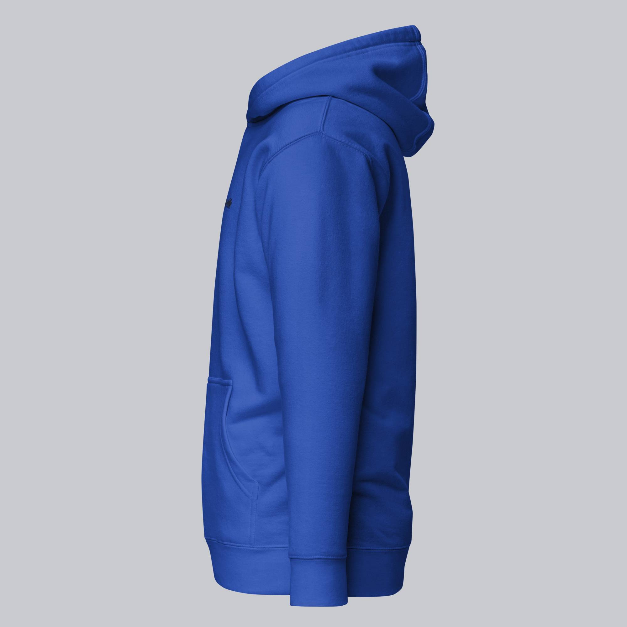 Blue hoodie with a custom Music Code