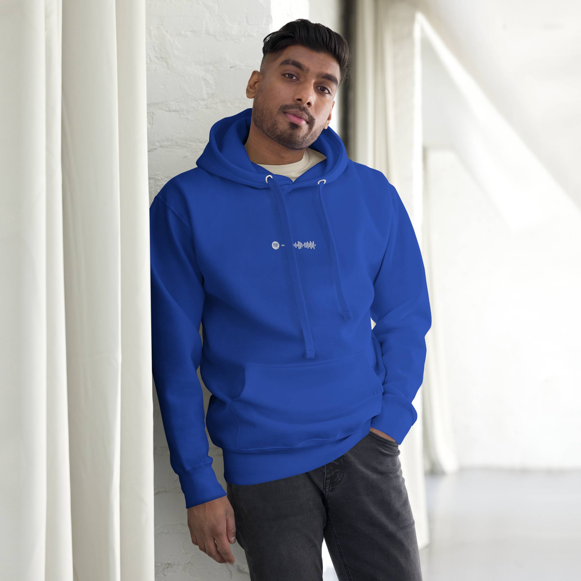 Blue hoodie with a custom Music Code