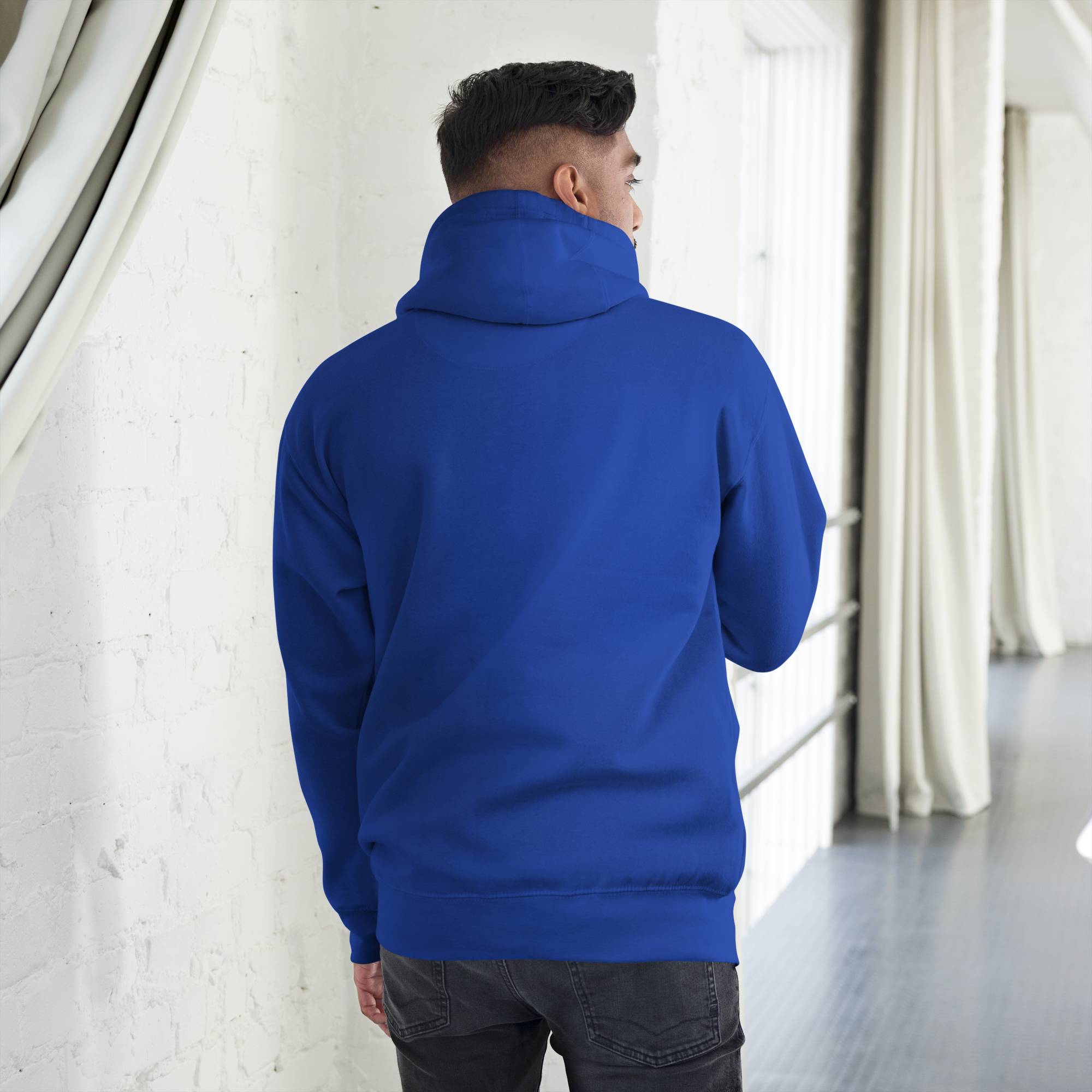 Blue hoodie with a custom Music Code