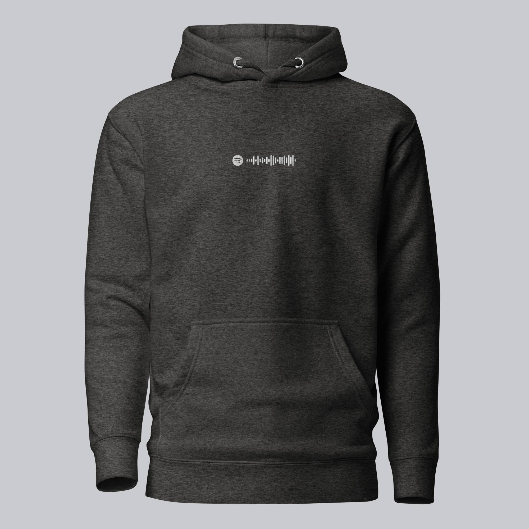 Dark grey hoodie with a custom Music Code