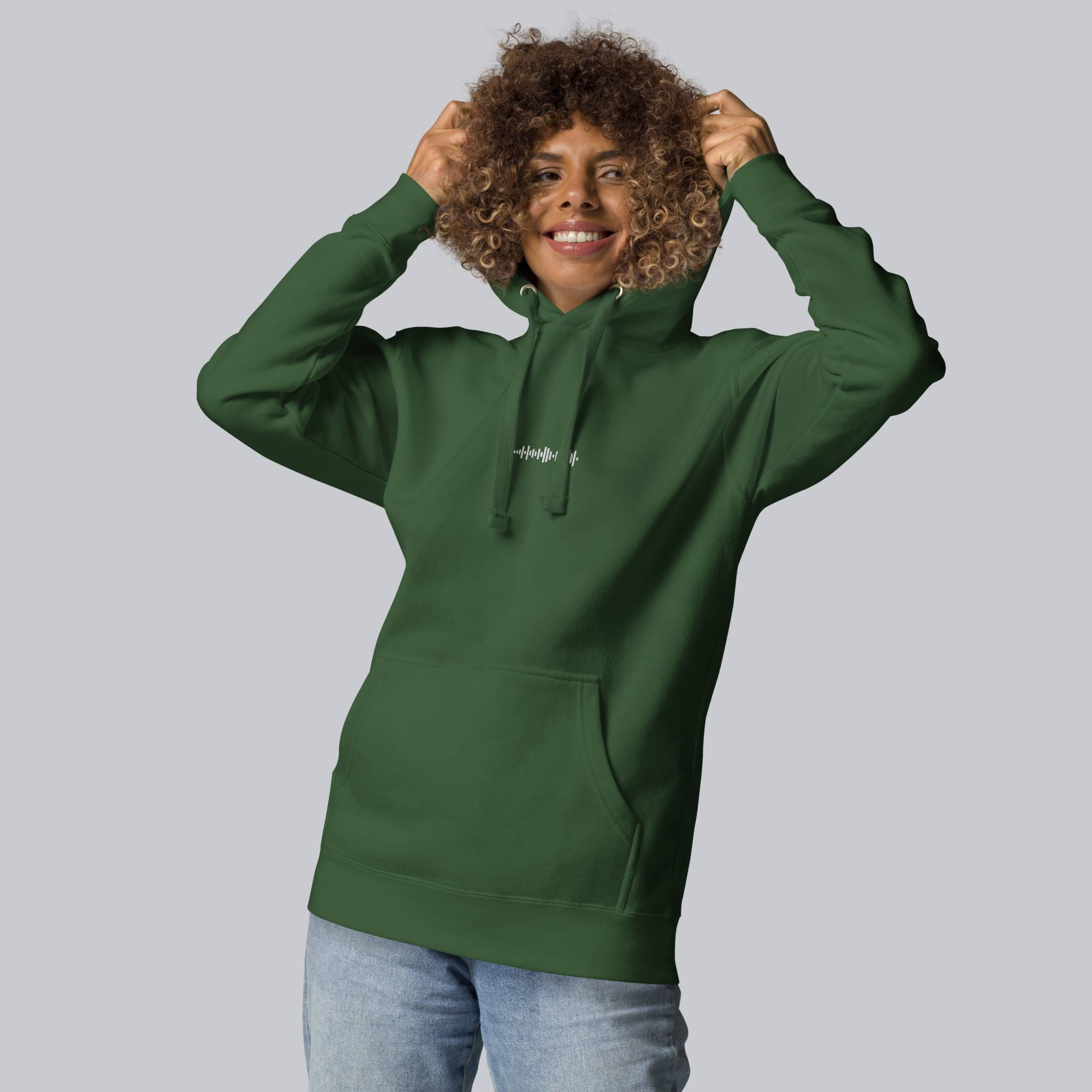 Green hoodie with a custom Music Code