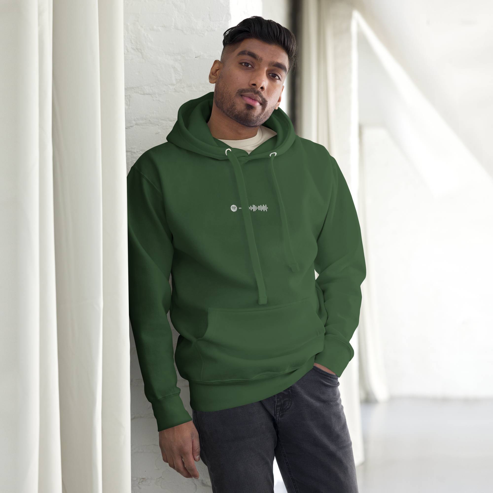 Green hoodie with a custom Music Code