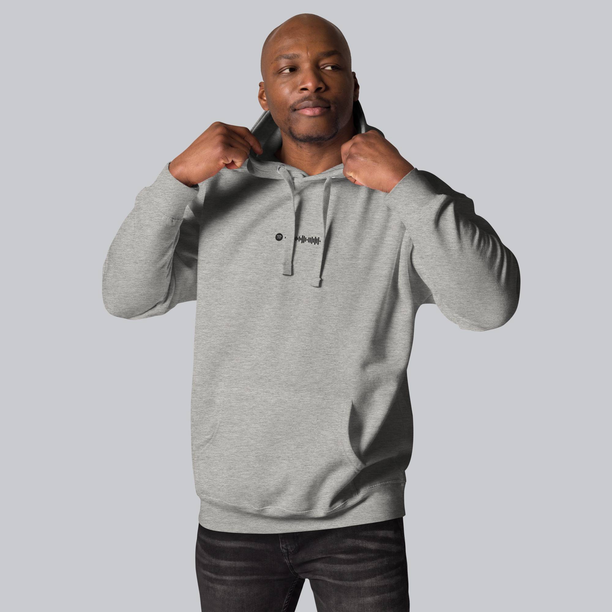 Grey hoodie with a custom Music Code