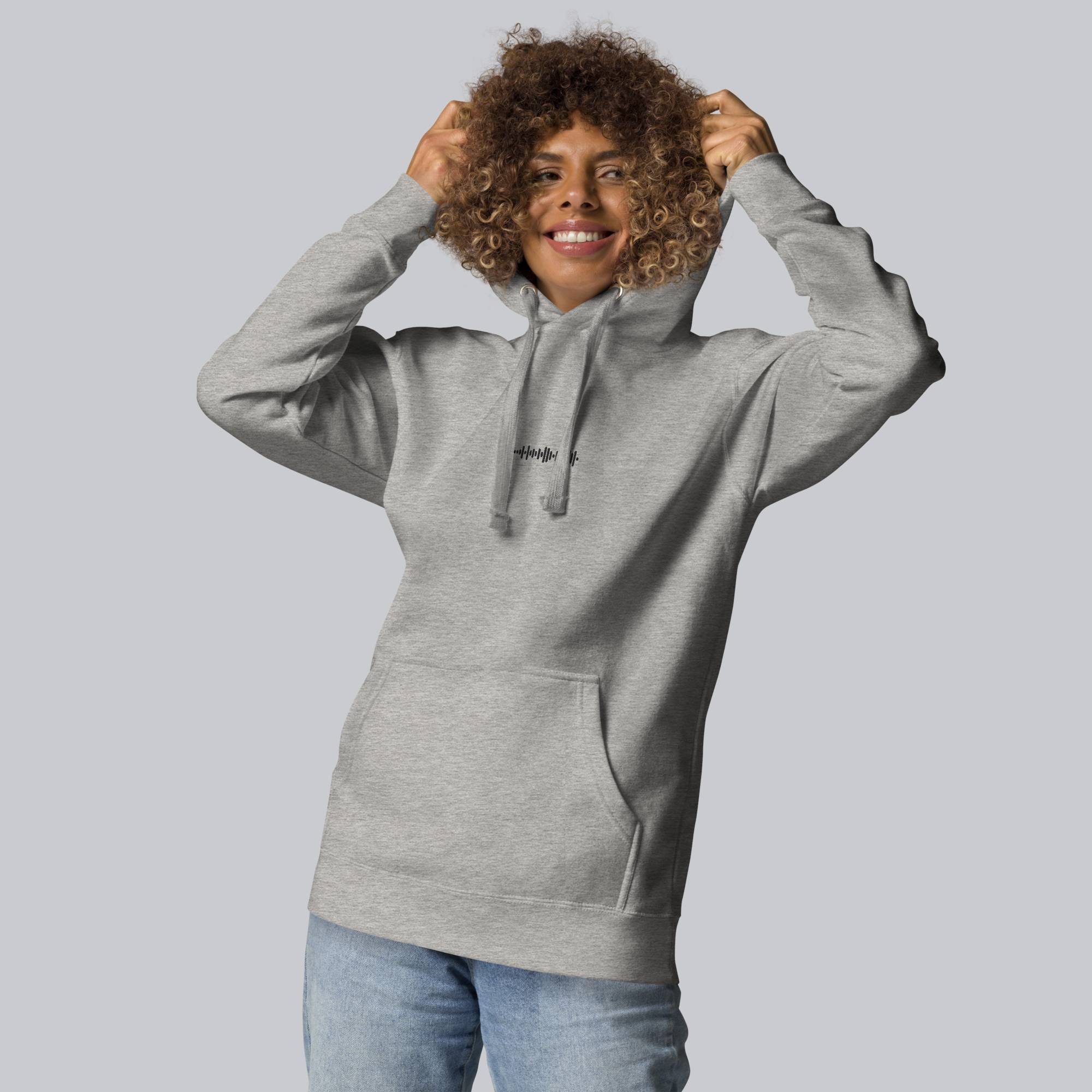 Grey hoodie with a custom Music Code