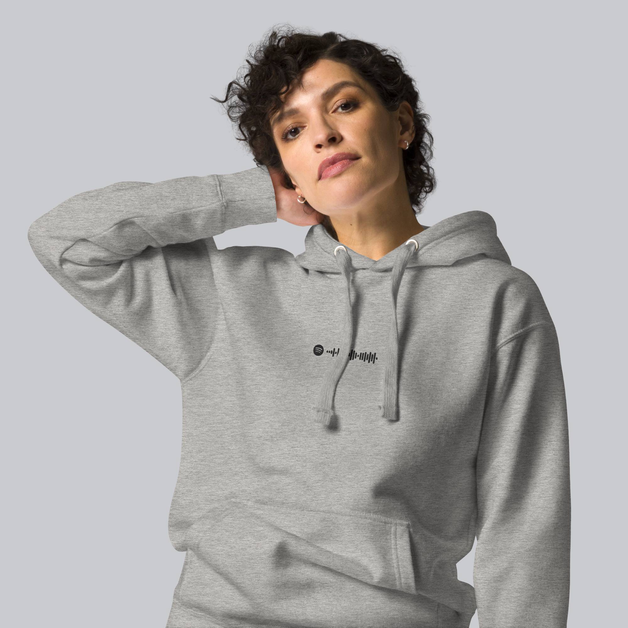 Grey hoodie with a custom Music Code