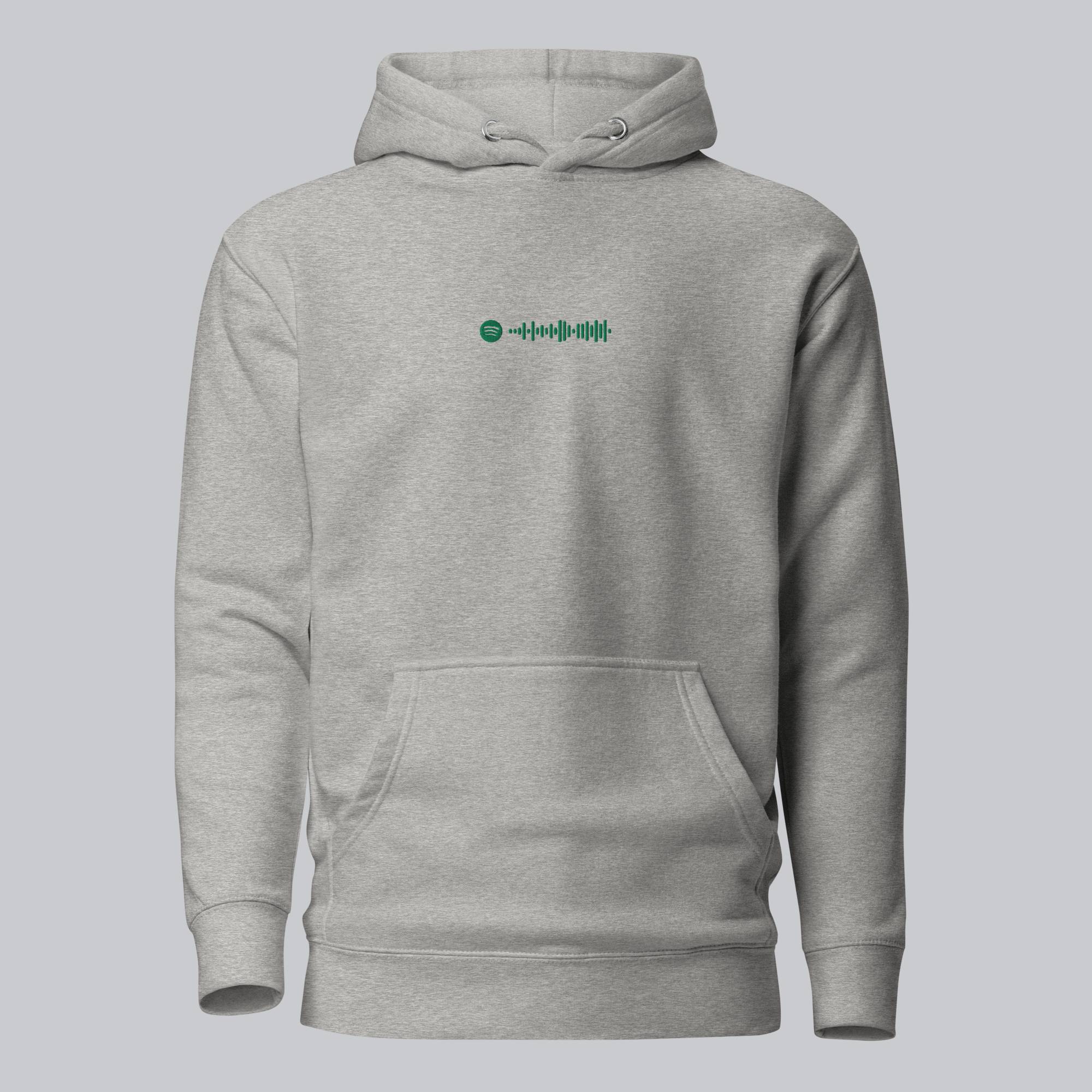 Grey hoodie with a custom Music Code