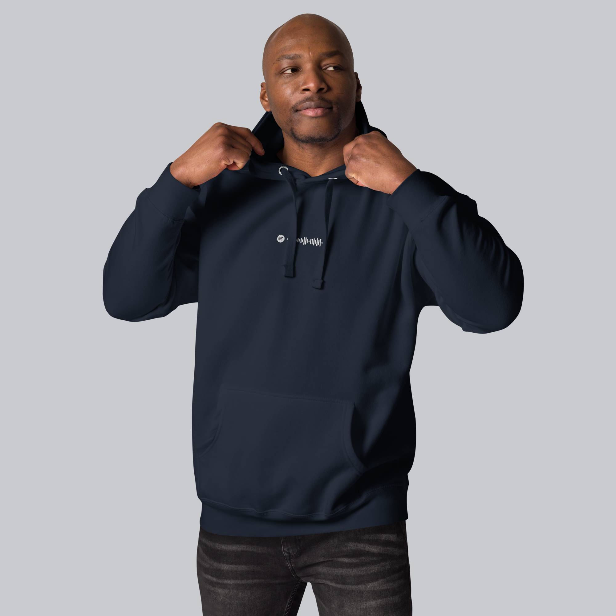 Navy hoodie with a custom Music Code