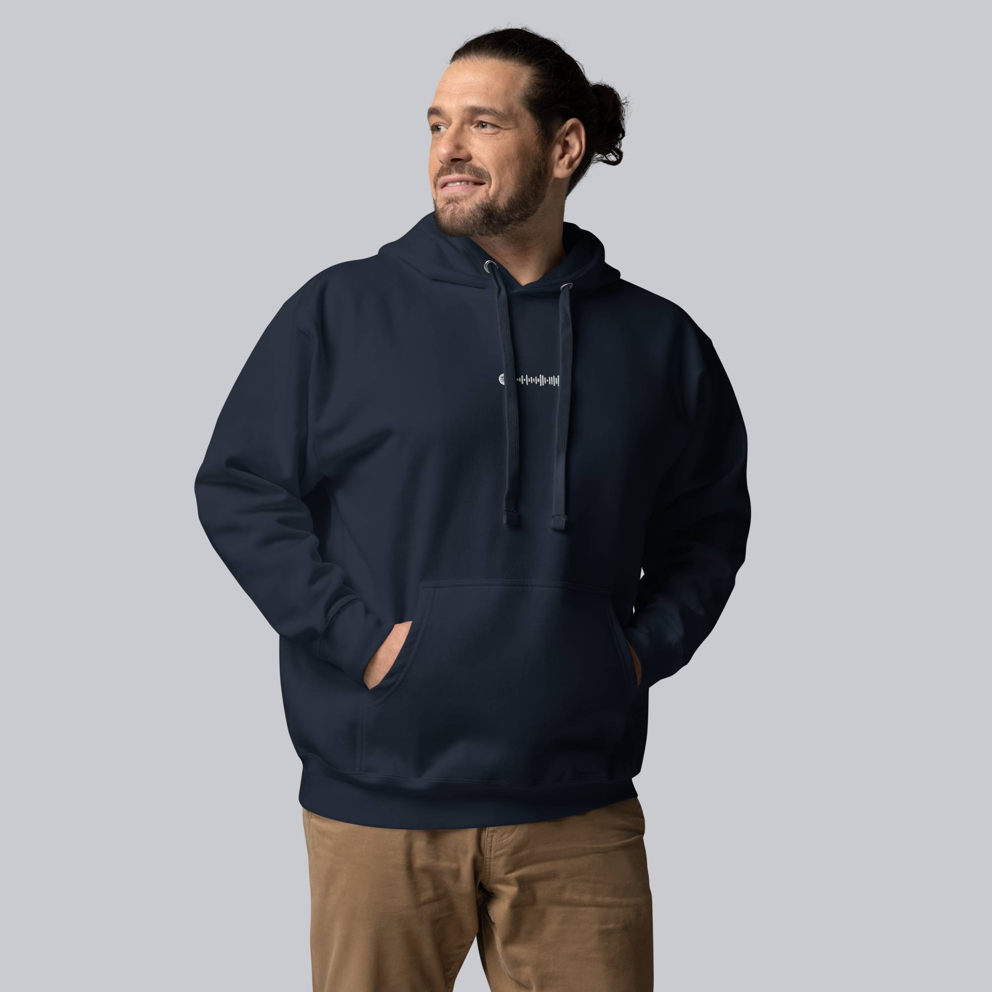 Navy hoodie with a custom Music Code