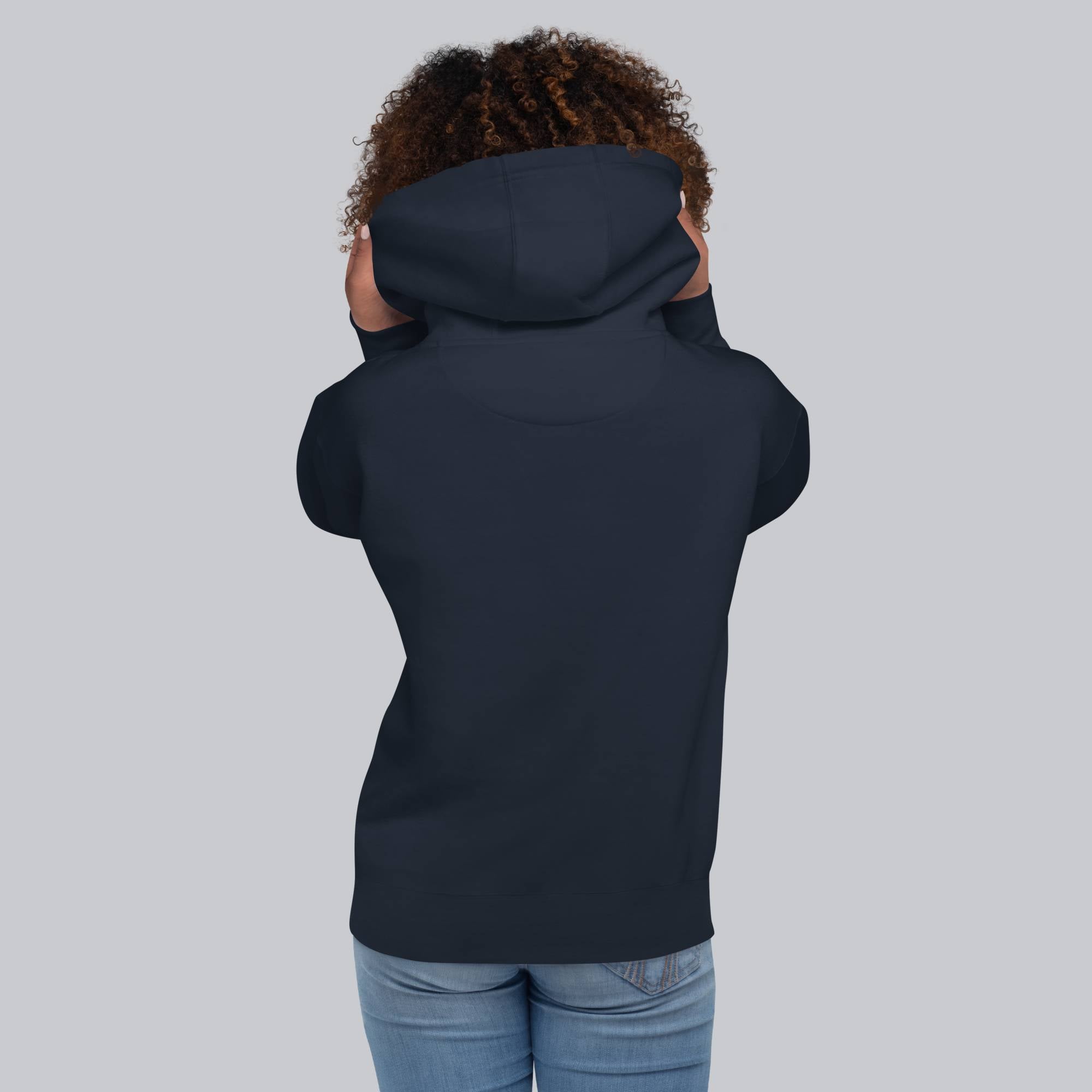 Navy hoodie with a custom Music Code