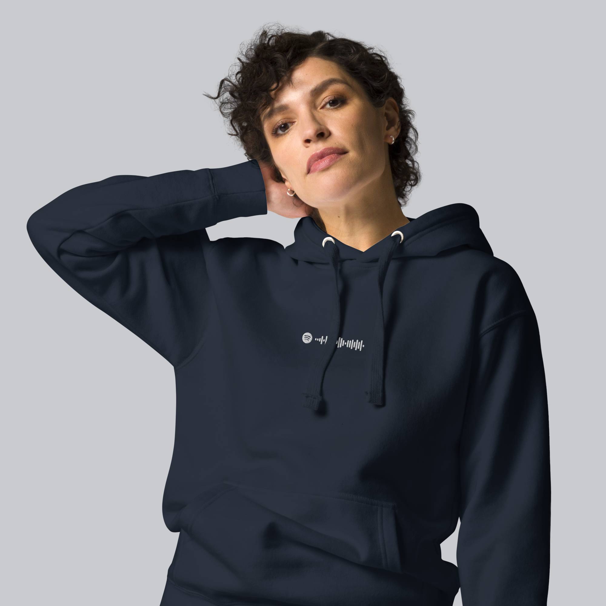 Navy hoodie with a custom Music Code