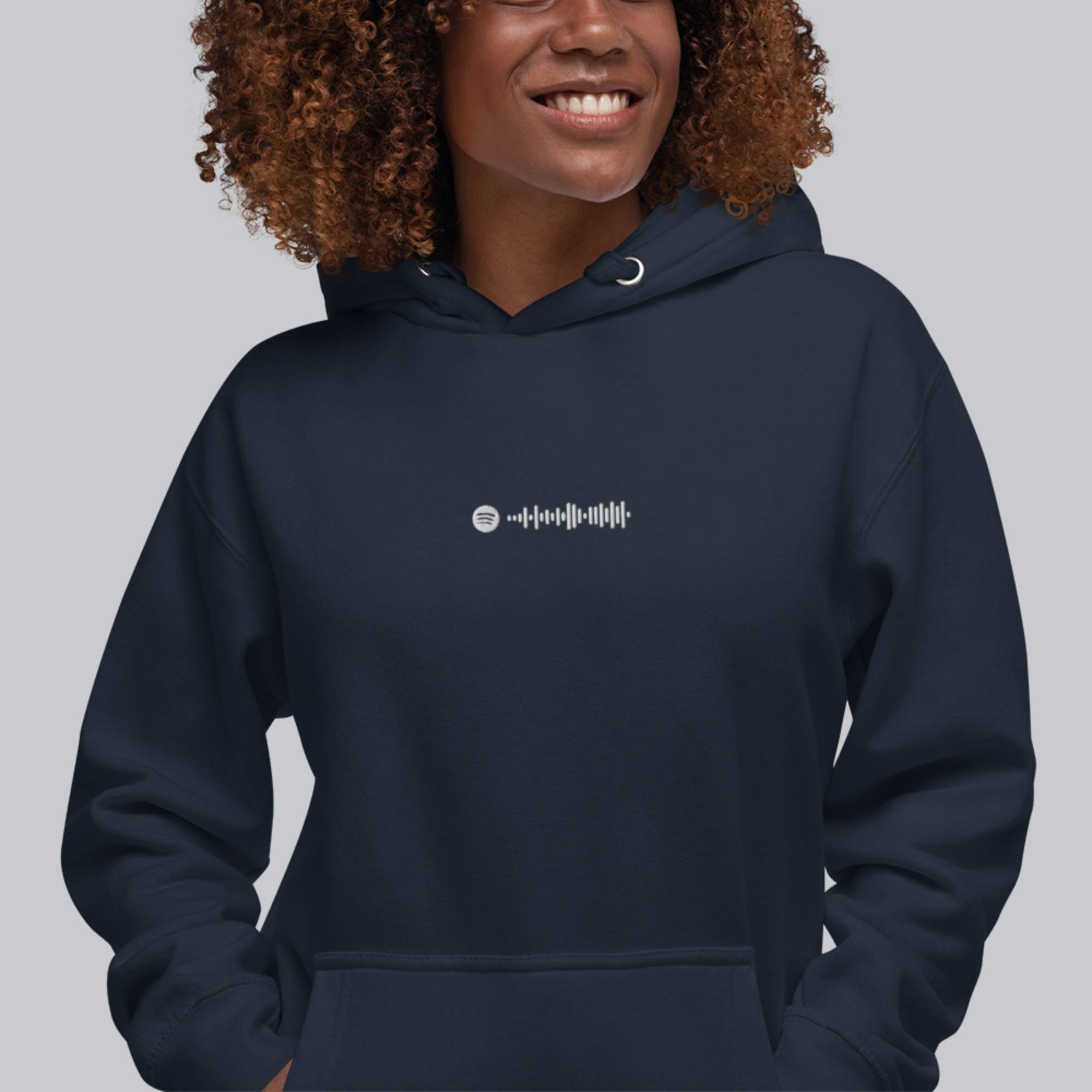 Navy hoodie with a custom Music Code