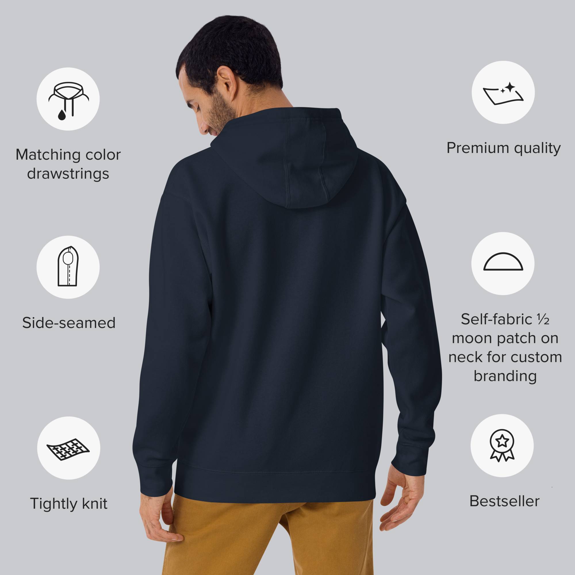 Navy hoodie with a custom Music Code
