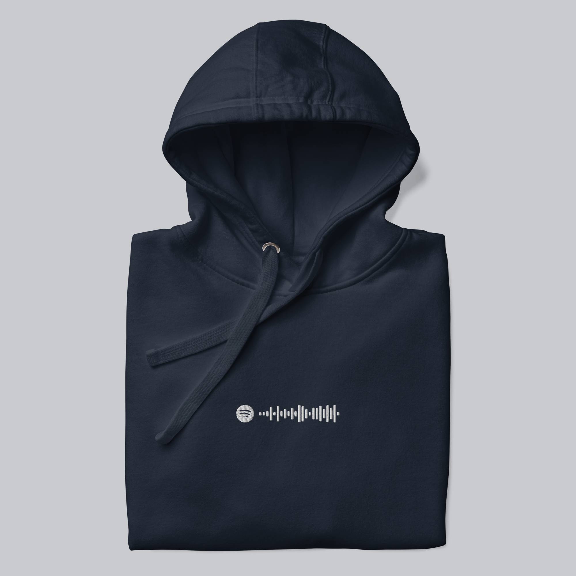 Navy hoodie with a custom Music Code