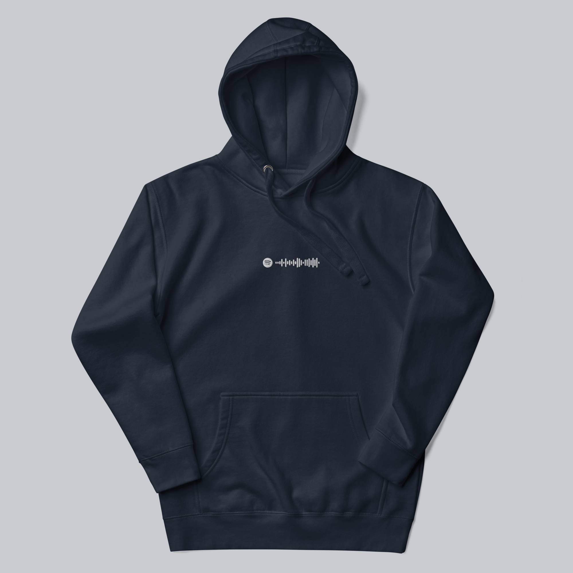 Navy hoodie with a custom Music Code
