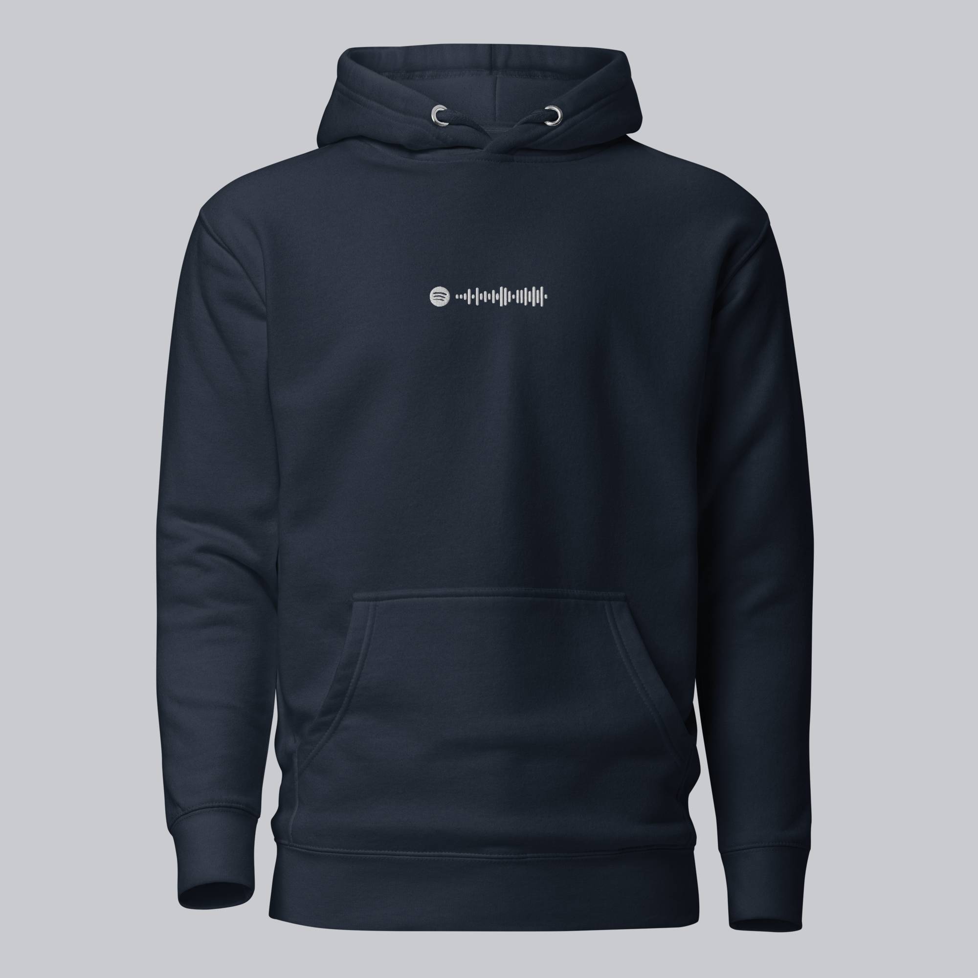 Navy hoodie with a custom Music Code