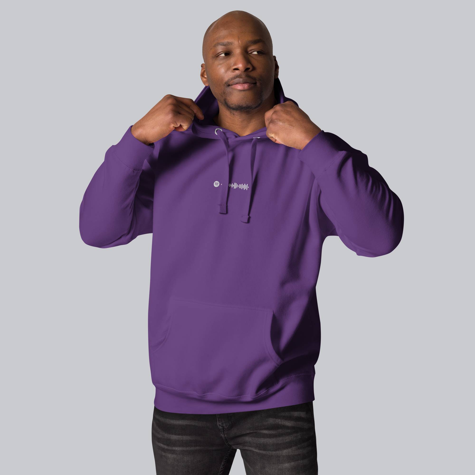 Purple hoodie with a custom Music Code