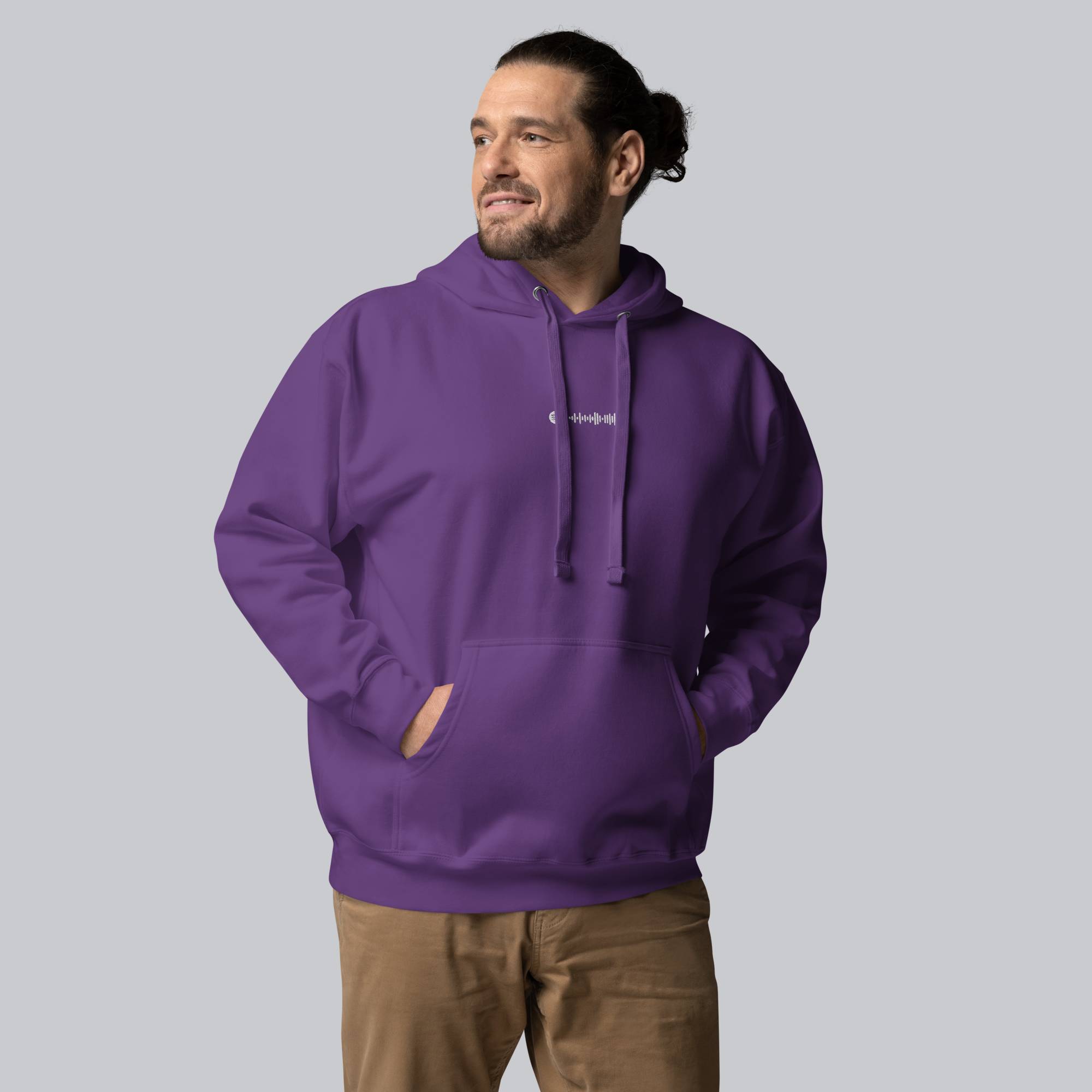 Purple hoodie with a custom Music Code