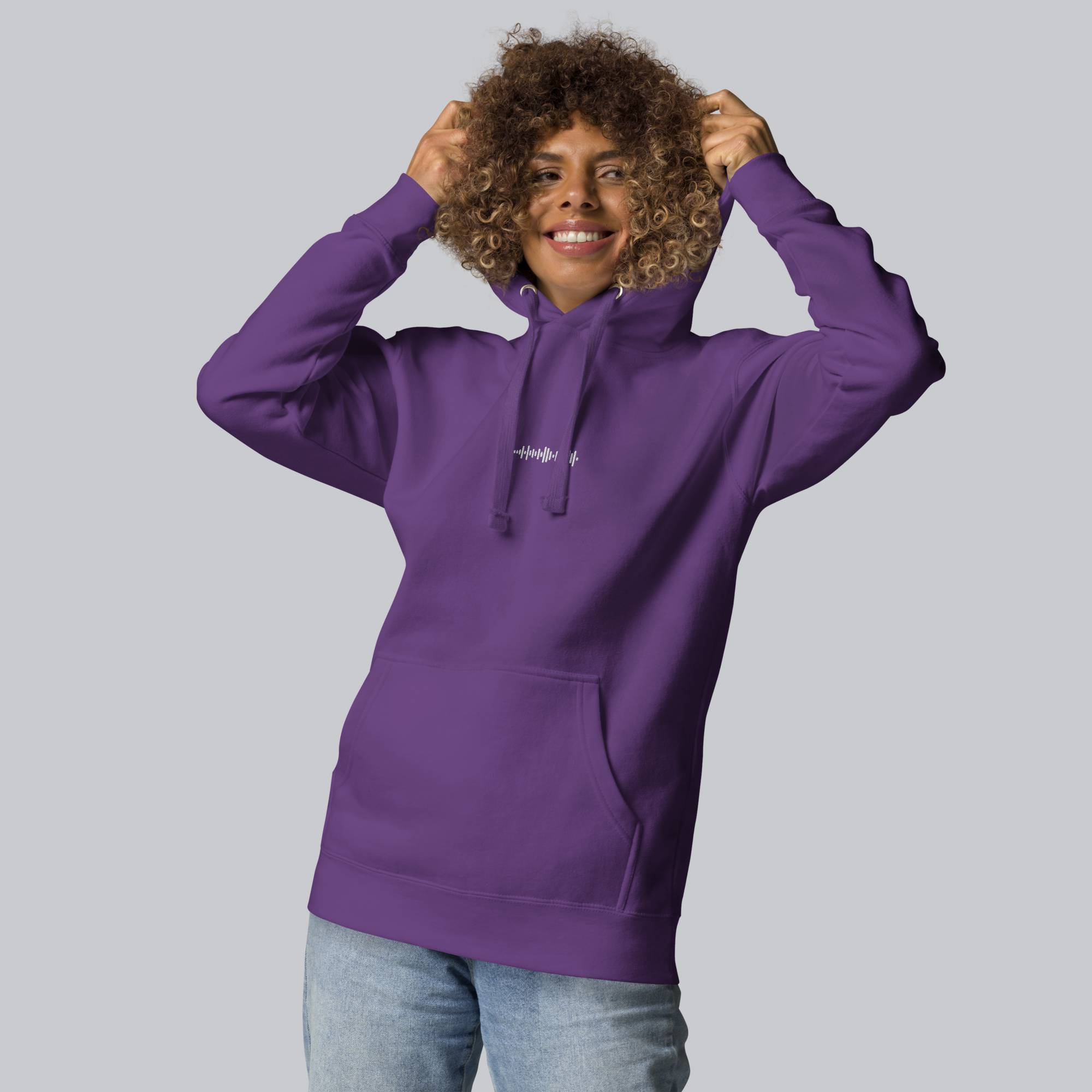 Purple hoodie with a custom Music Code
