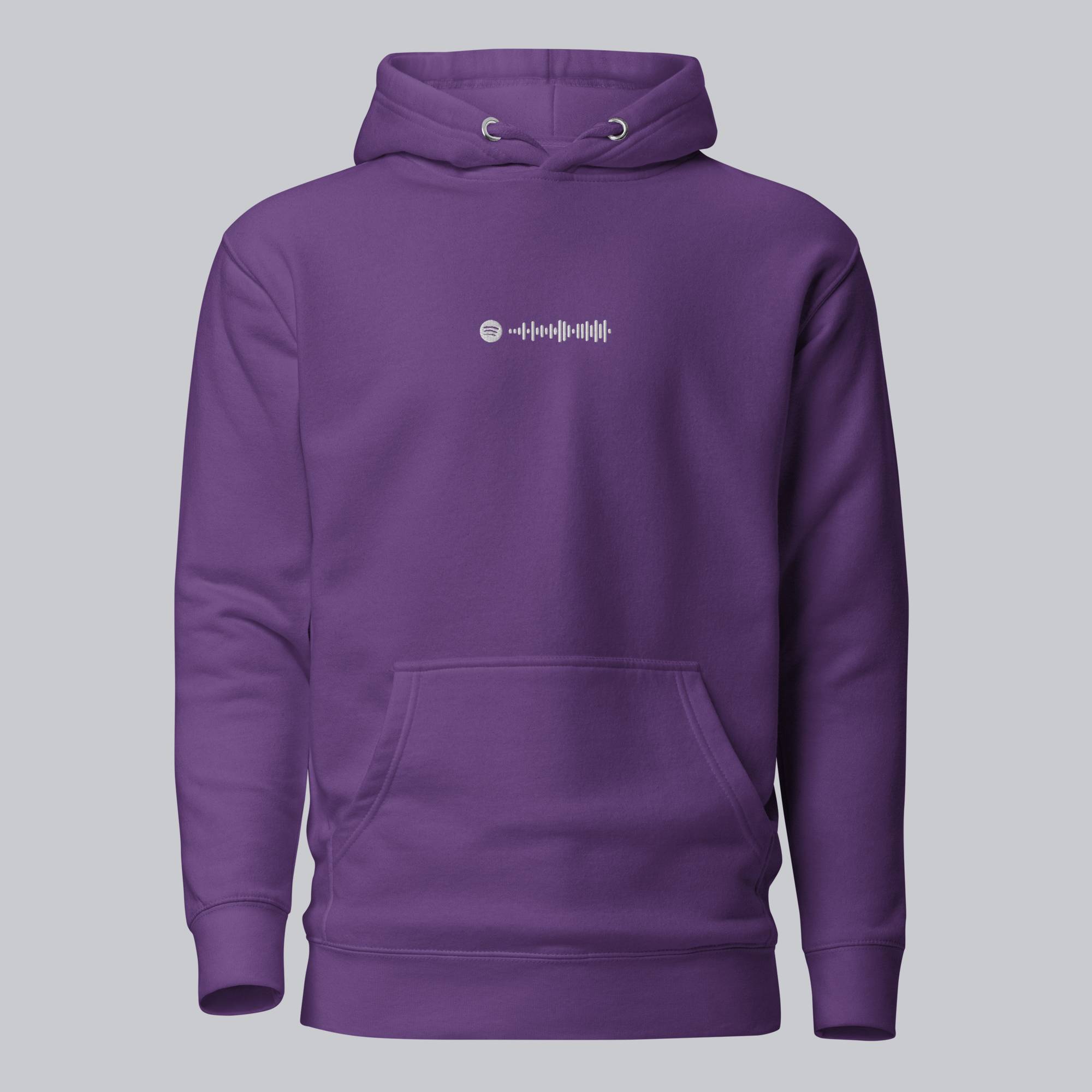 Purple hoodie with a custom Music Code