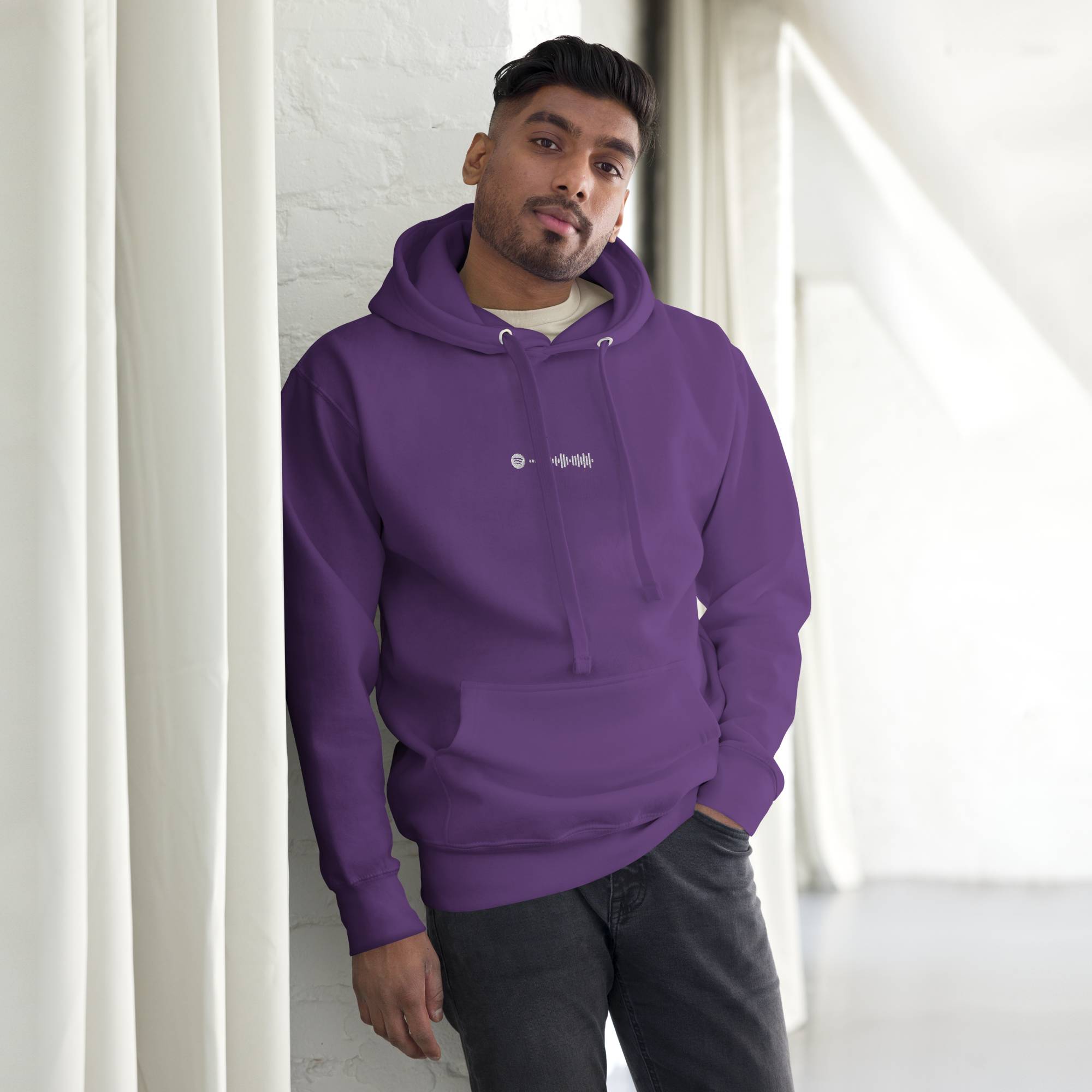 Purple hoodie with a custom Music Code