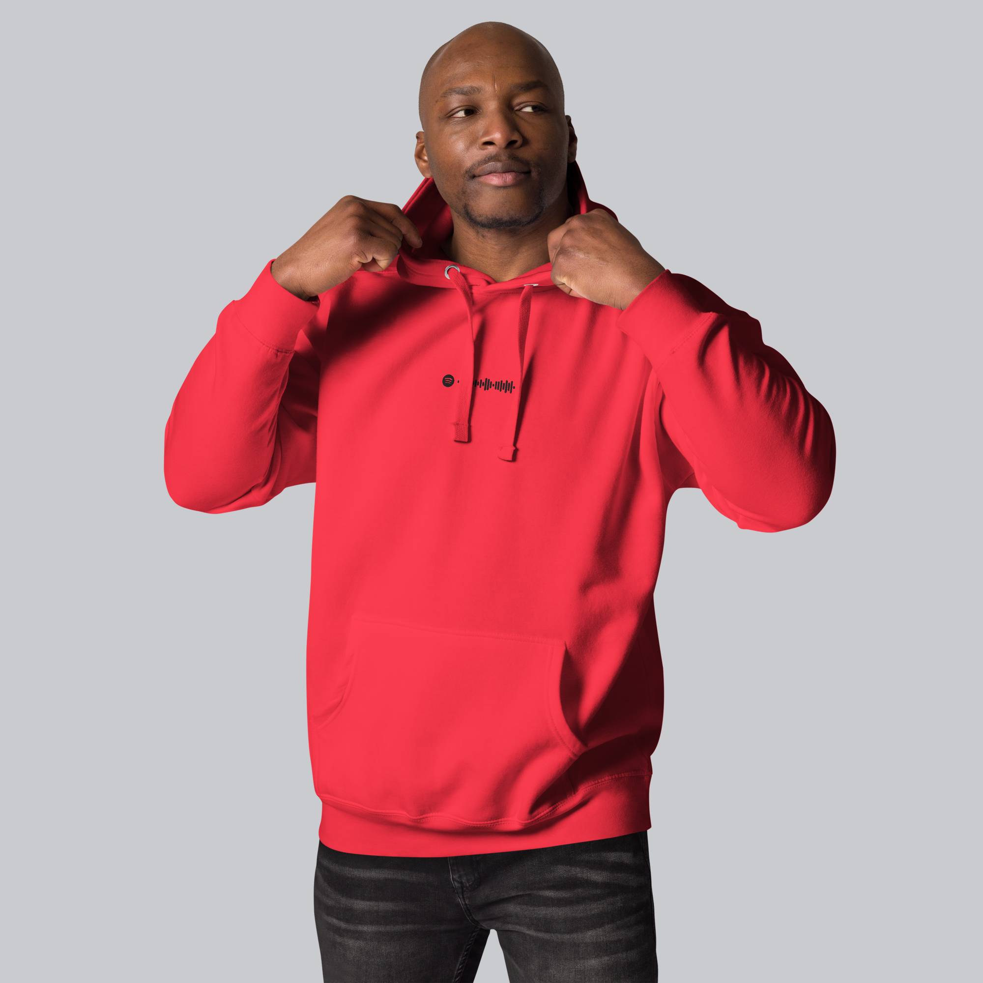 Red hoodie with a custom Music Code
