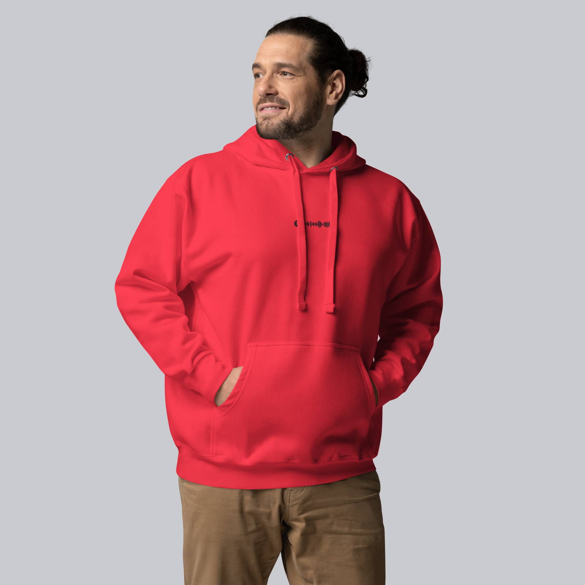 Red hoodie with a custom Music Code