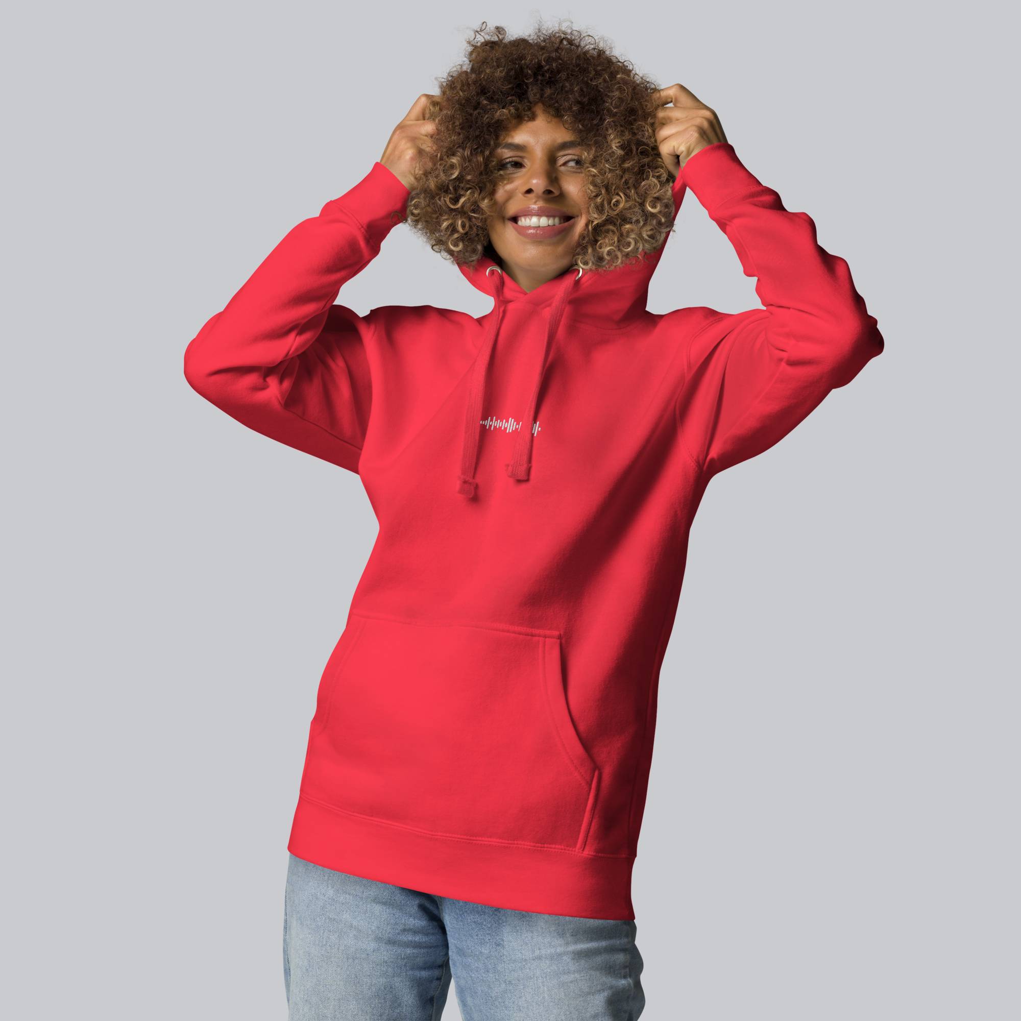Red hoodie with a custom Music Code