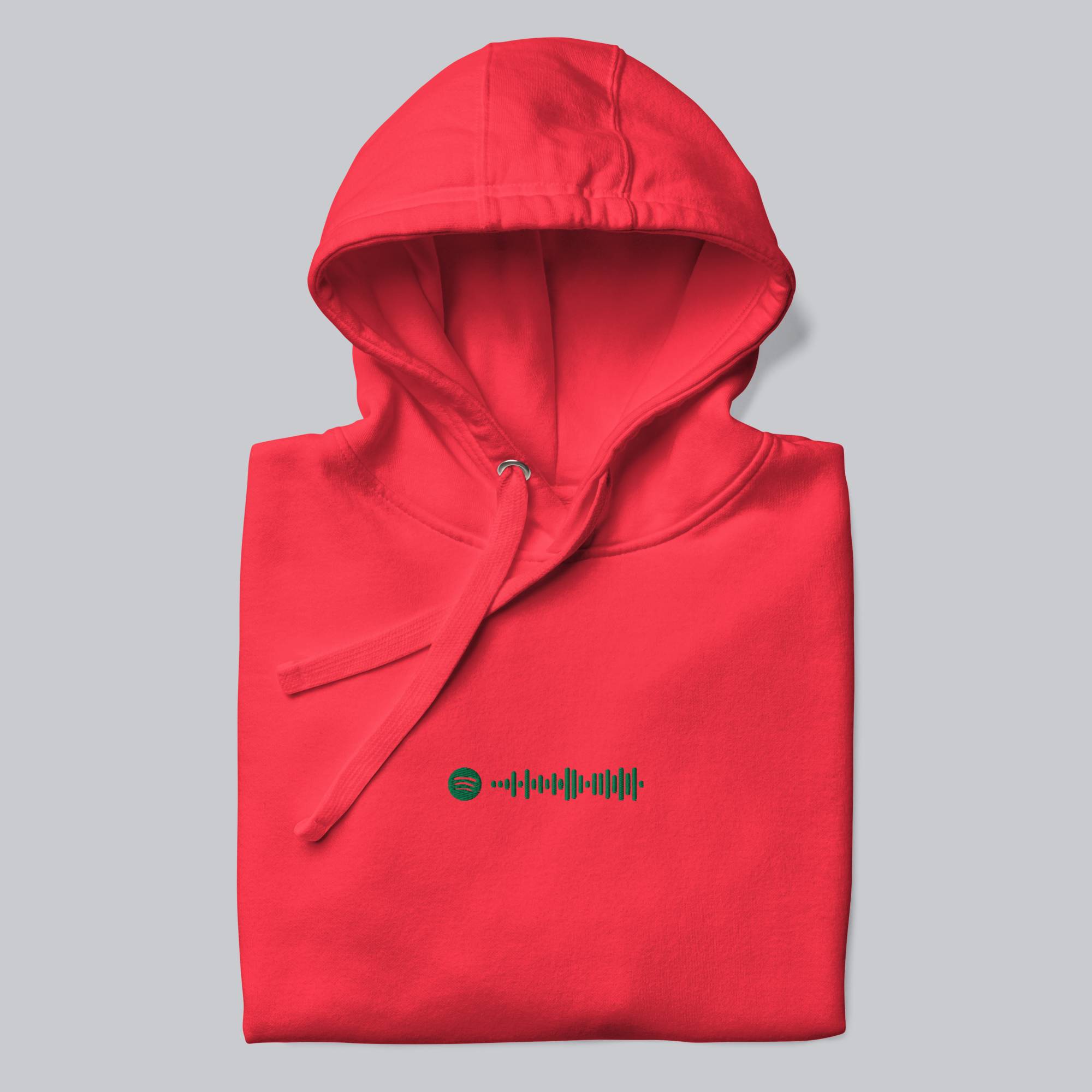 Red hoodie with a custom Music Code