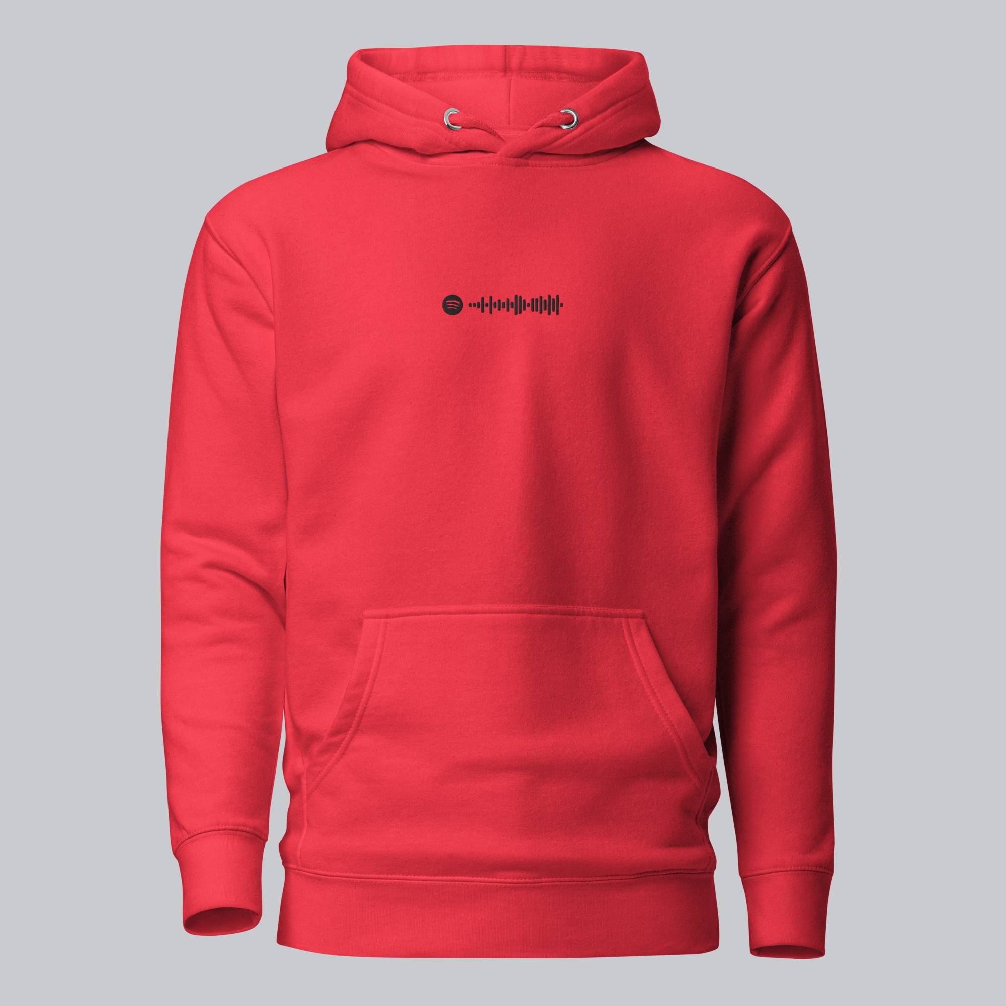 Red hoodie with a custom Music Code