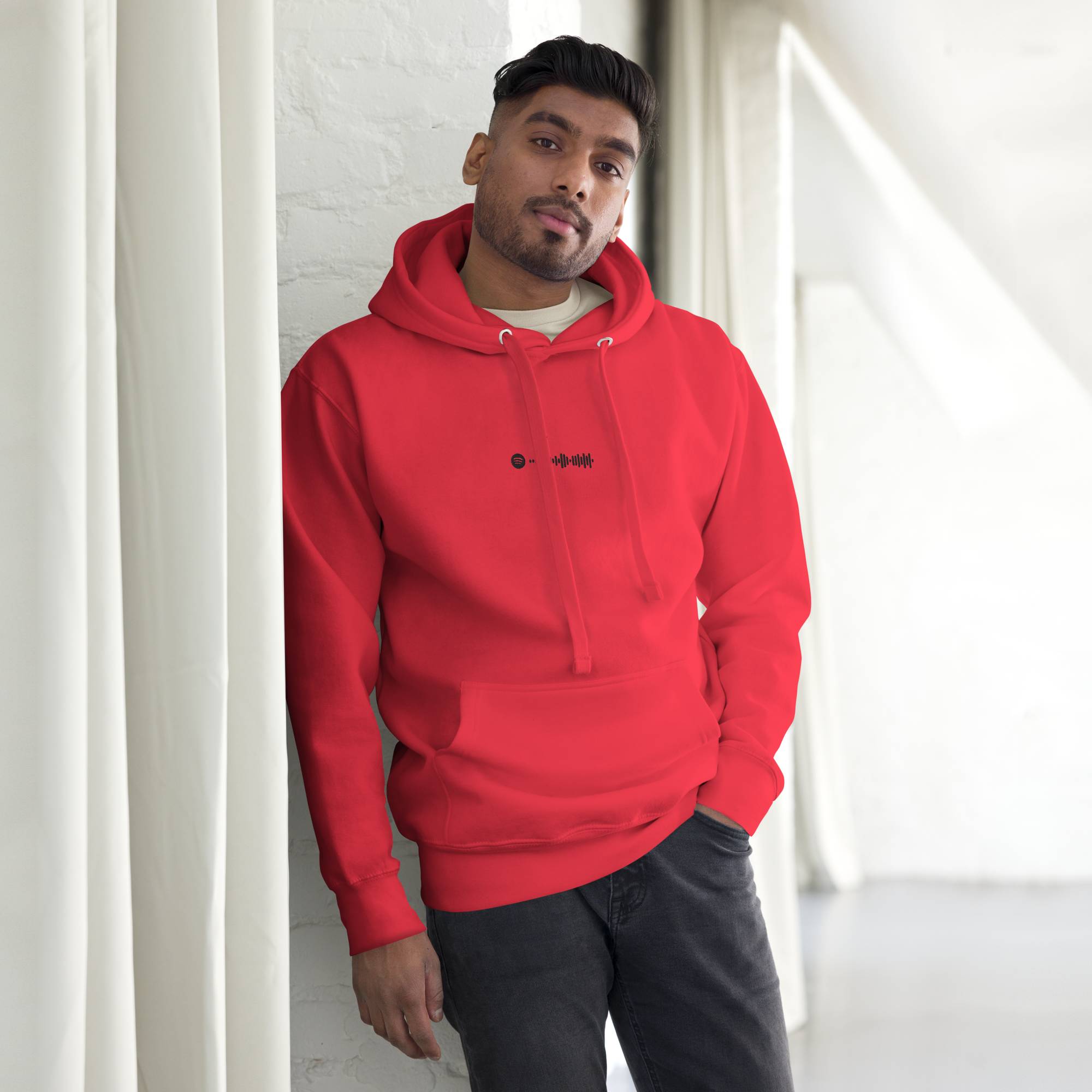 Red hoodie with a custom Music Code