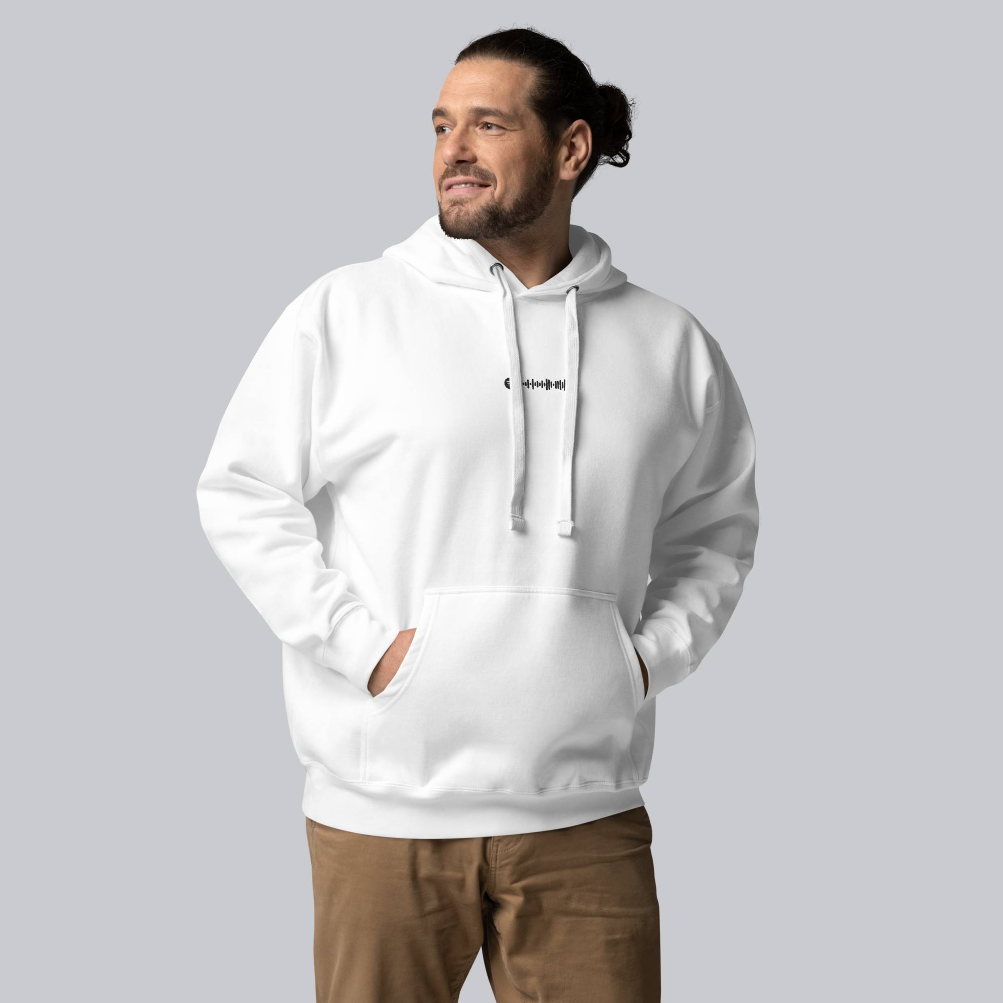 White hoodie with a custom Music Code