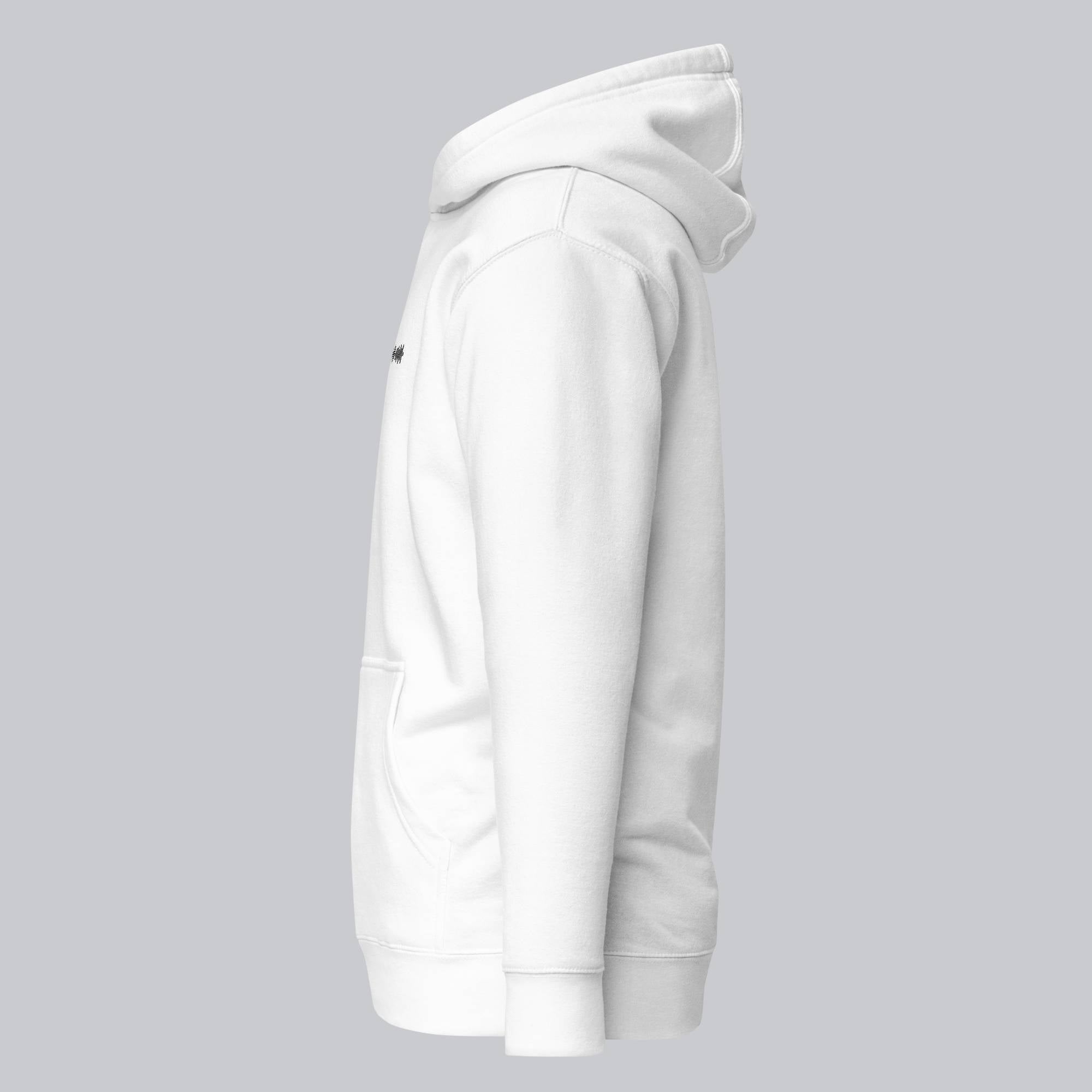 White hoodie with a custom Music Code