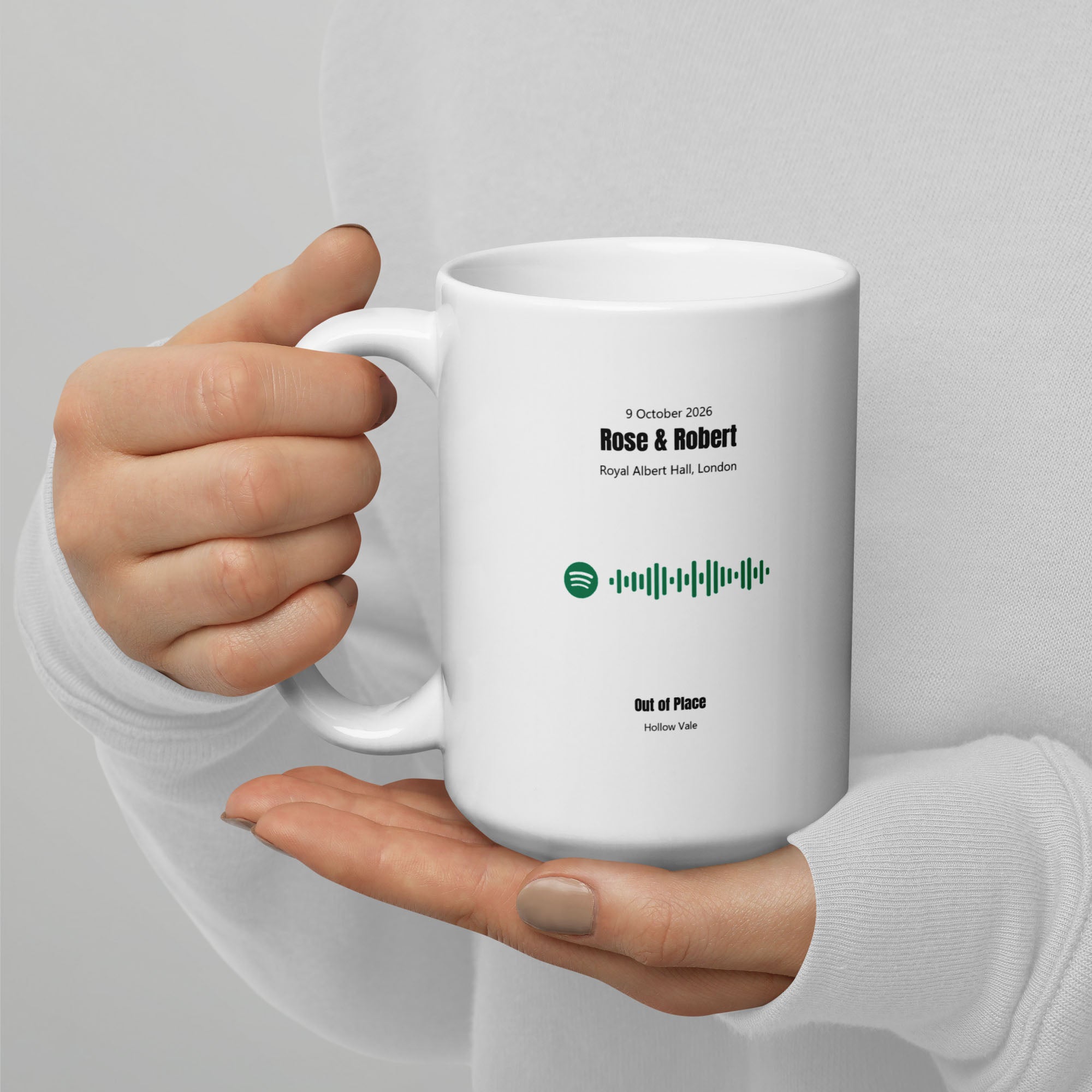 White Glossy Mug 15oz with custom Music Code of your song