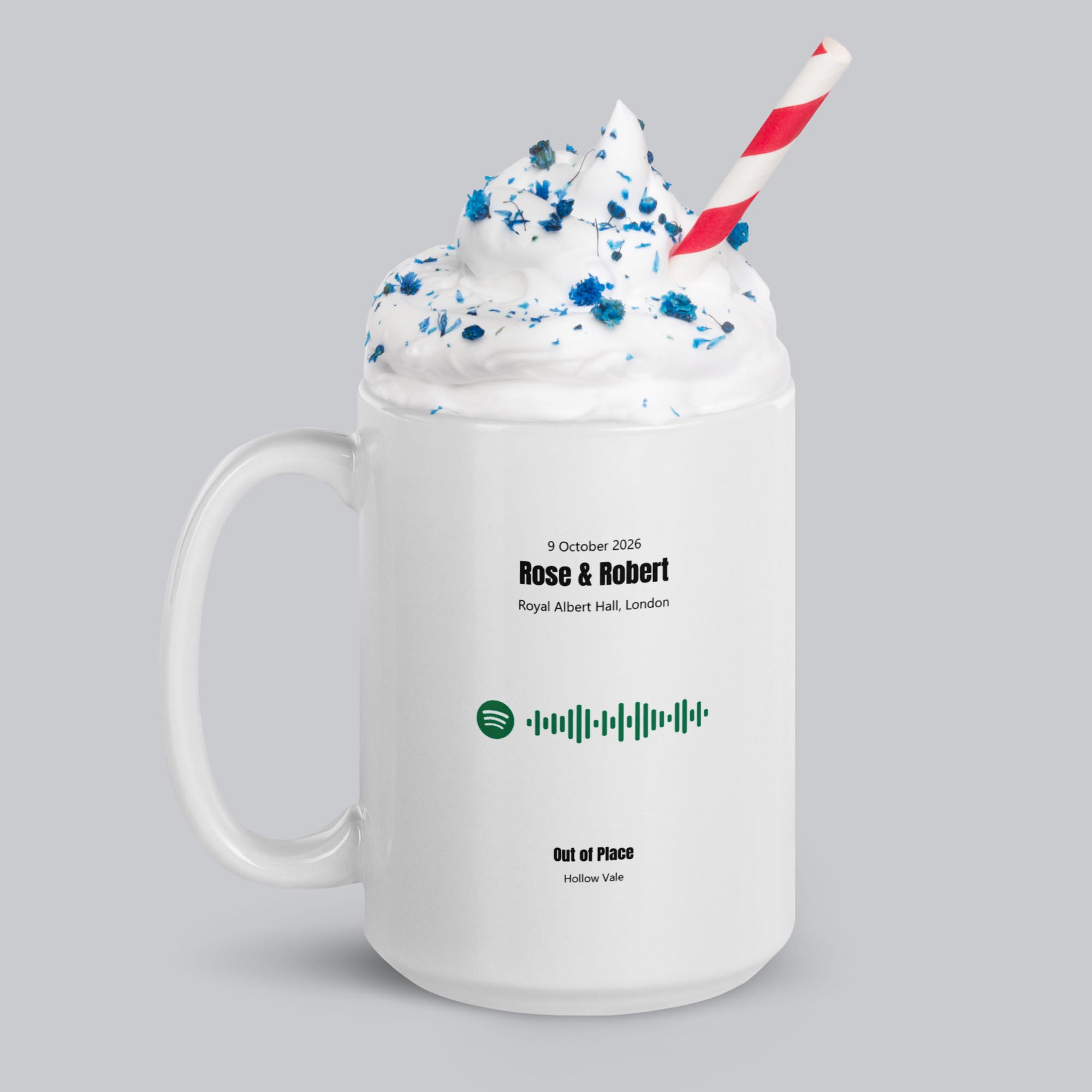 White Glossy Mug 15oz with custom Music Code of your song