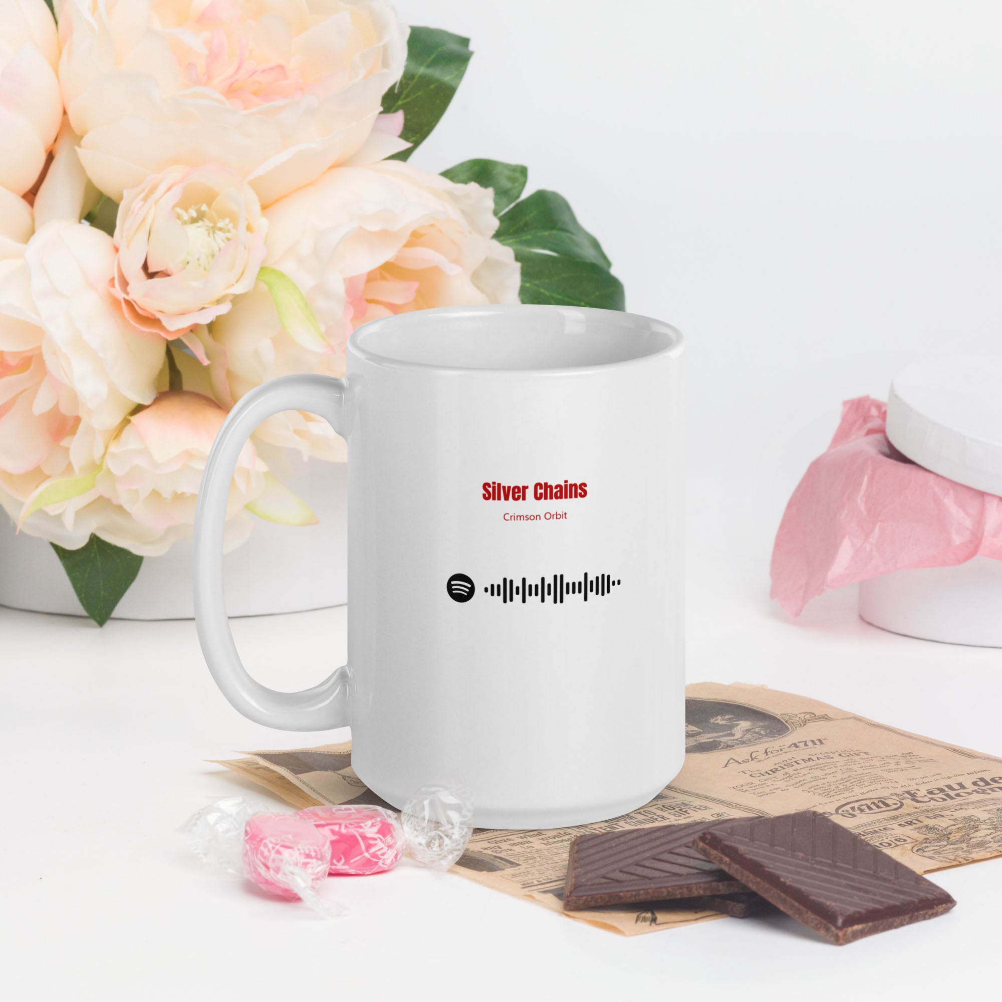 White Glossy Mug 15oz with custom Music Code of your song