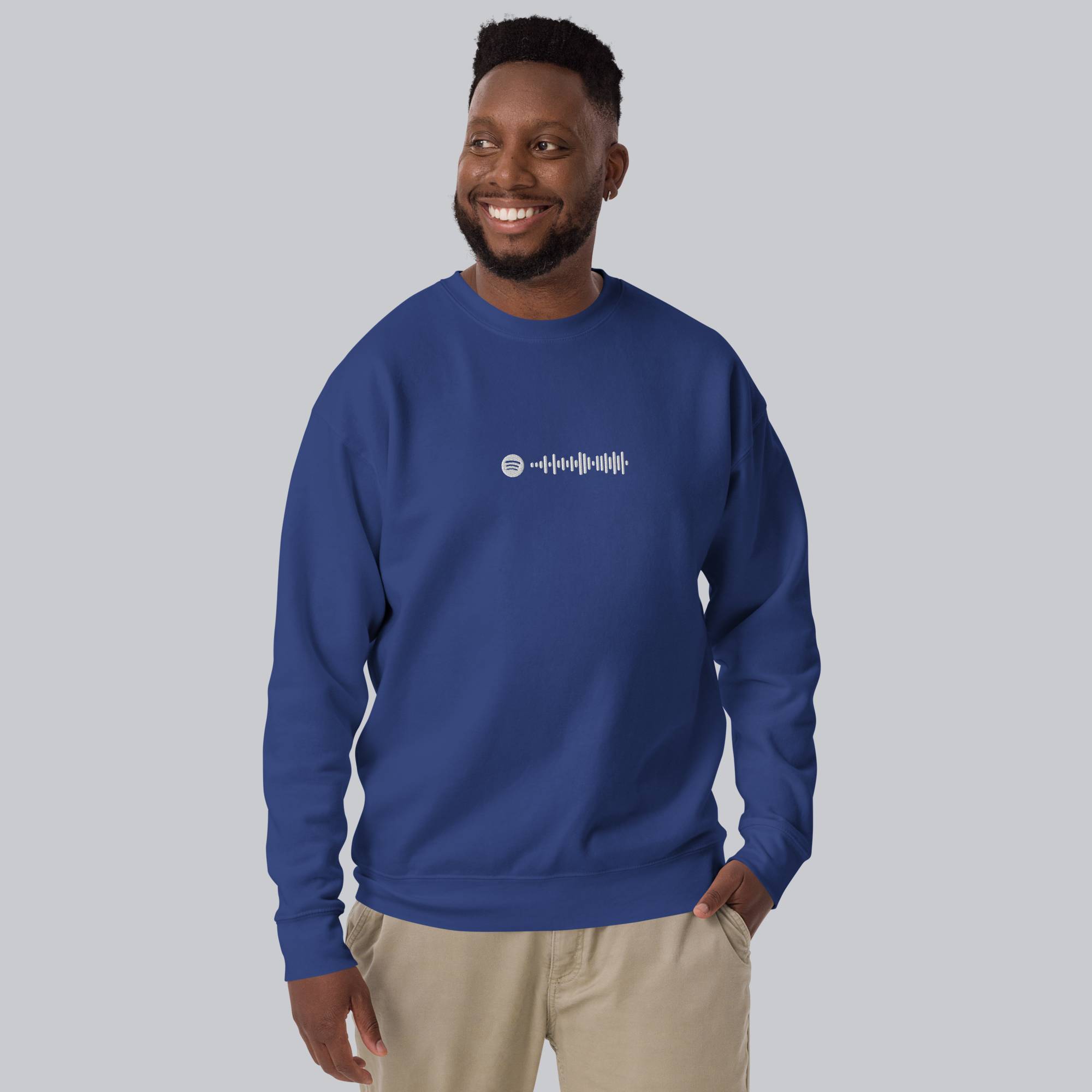 Blue long-sleeve shirt with custom Music Code