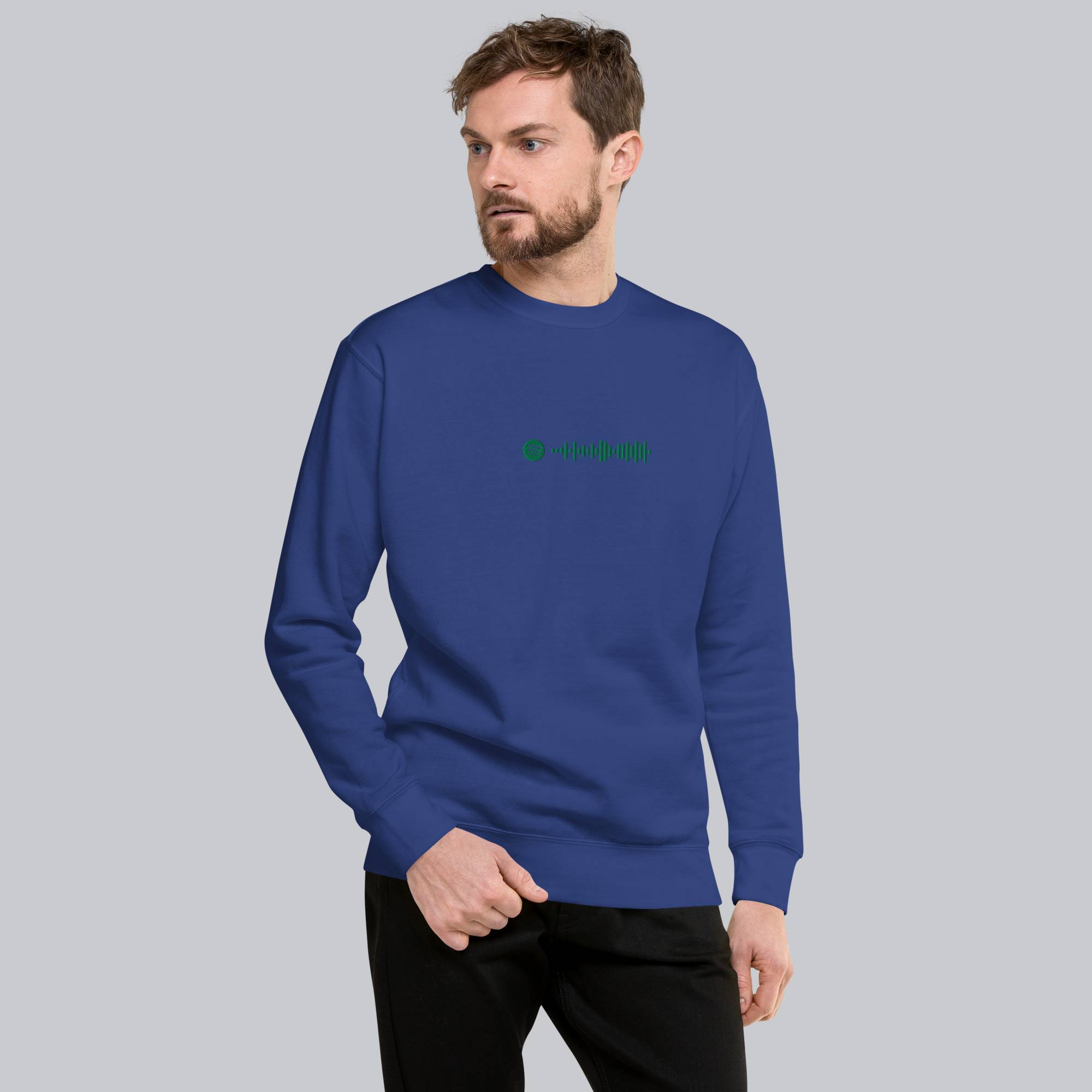 Blue long-sleeve shirt with custom Music Code