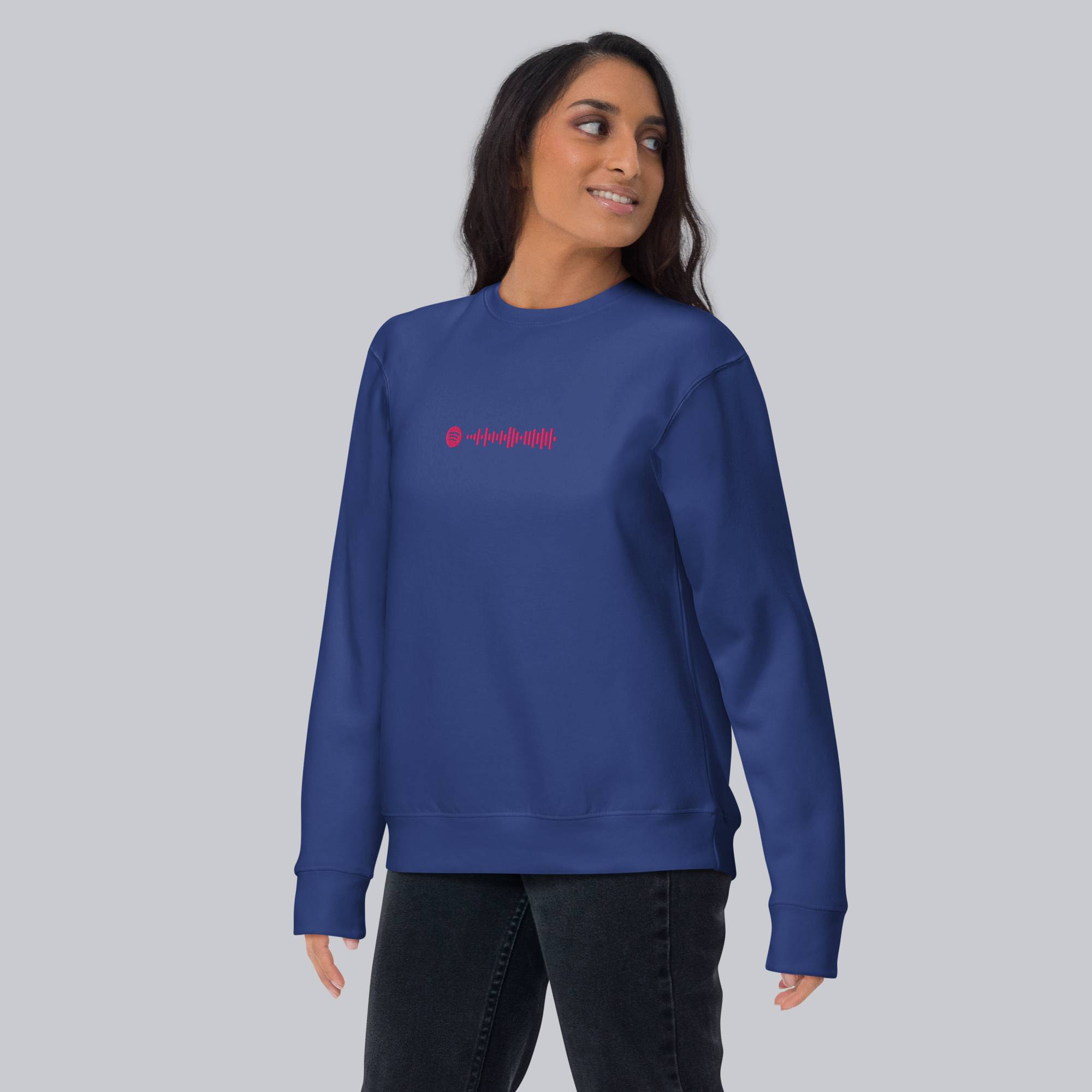 Blue long-sleeve shirt with custom Music Code