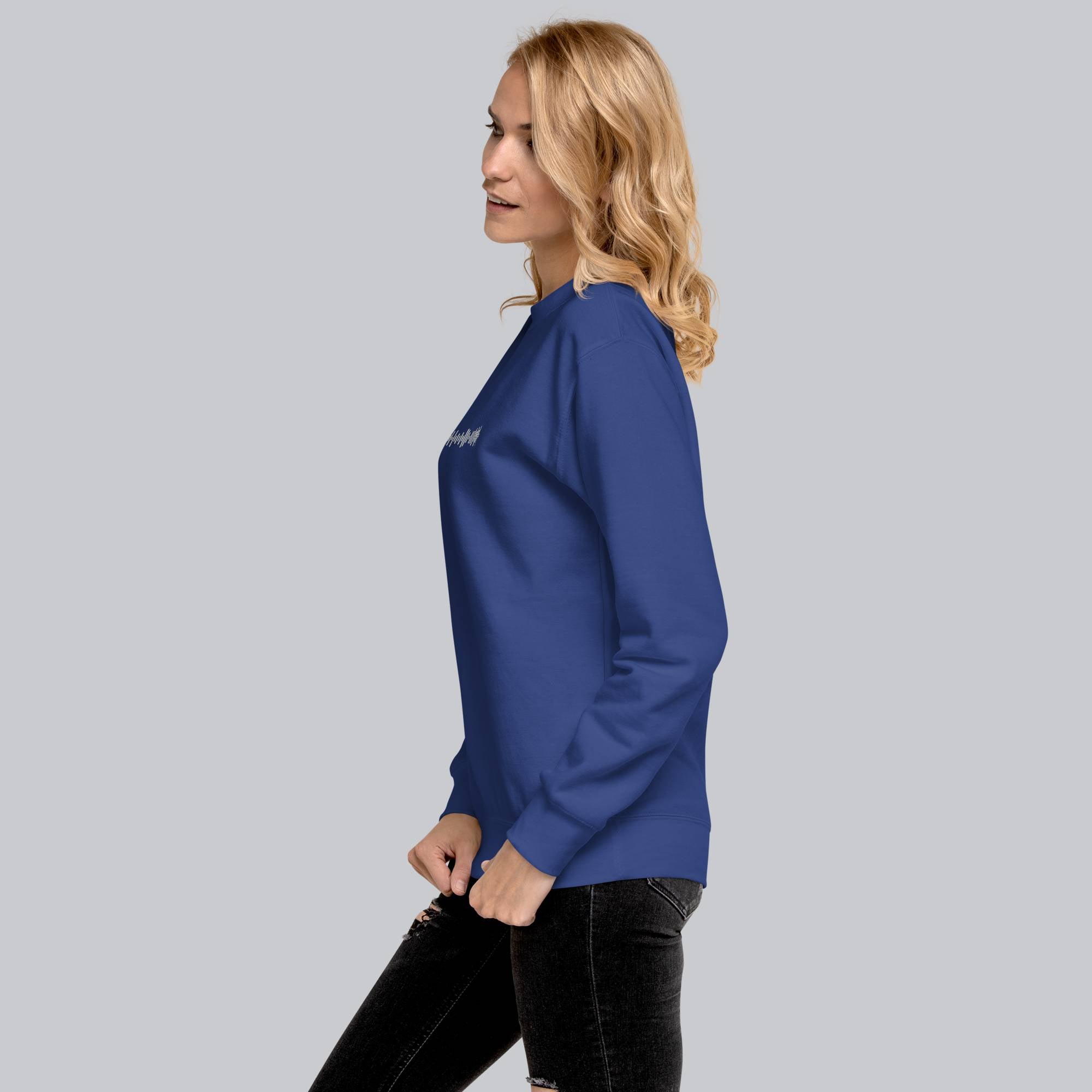 Blue long-sleeve shirt with custom Music Code