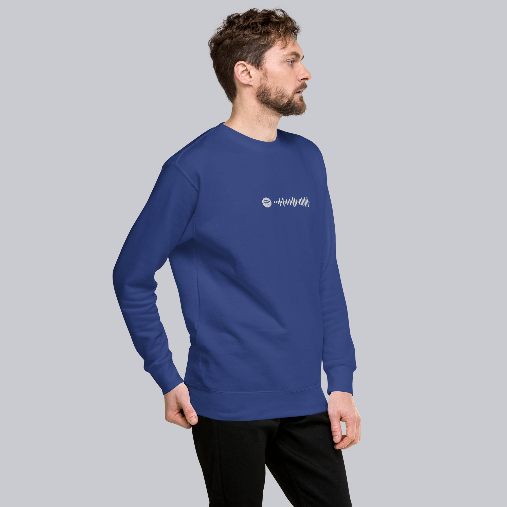 Blue long-sleeve shirt with custom Music Code